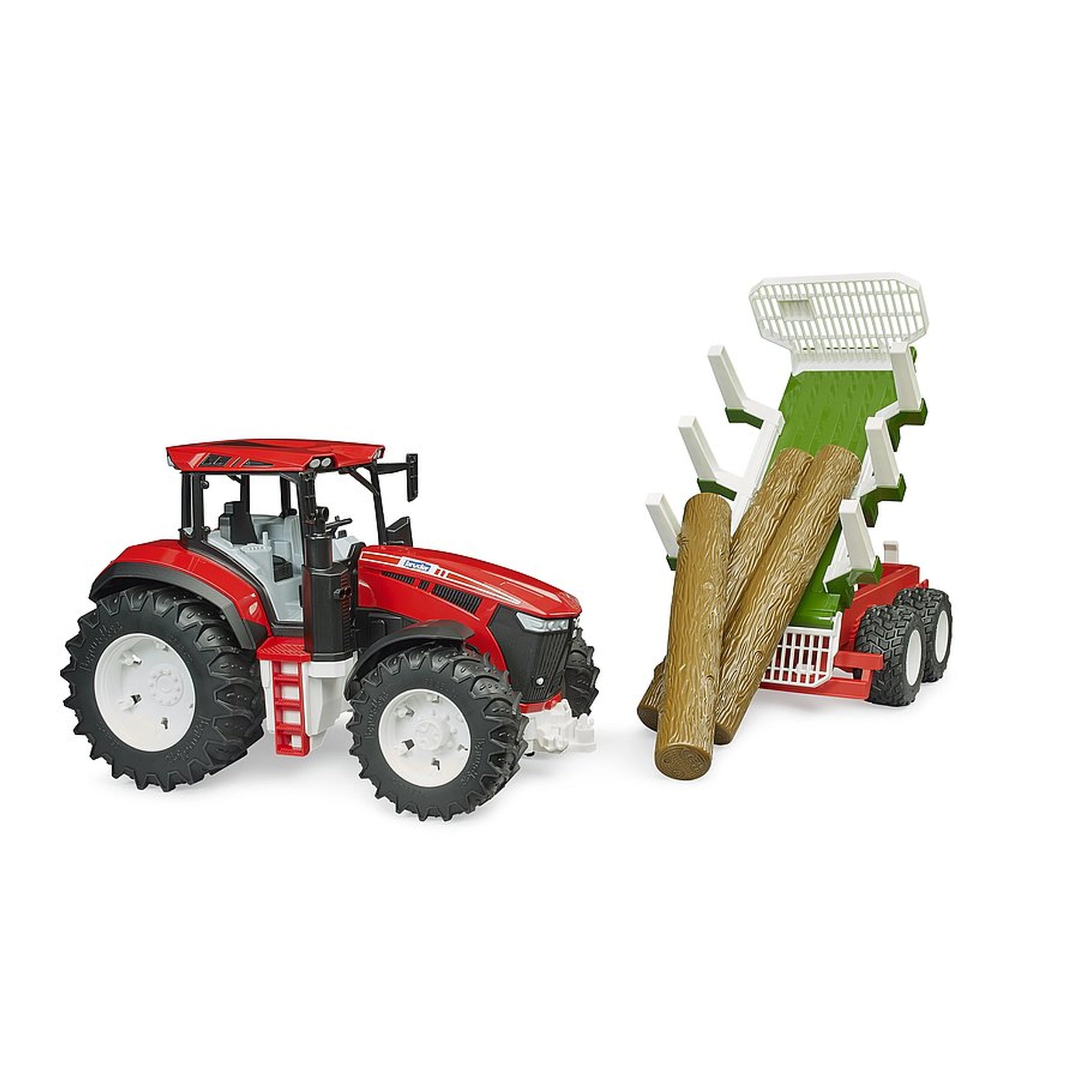 Red Bruder ROADMAX tractor with forwarding trailer carrying three tree trunks, featuring large tread tires.