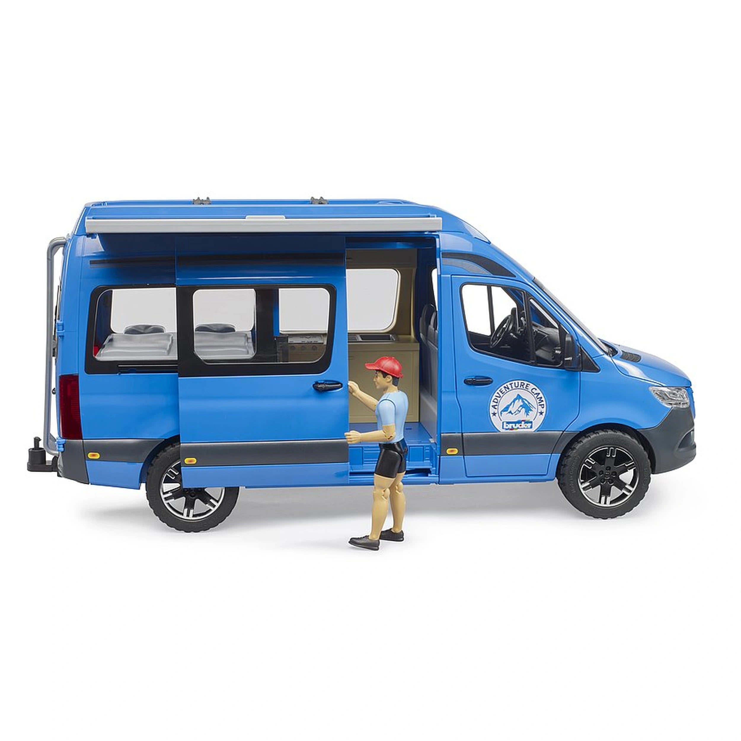 Blue MB Sprinter camper toy with opening side door, driver figure in red cap, showcasing realistic camping adventure design.