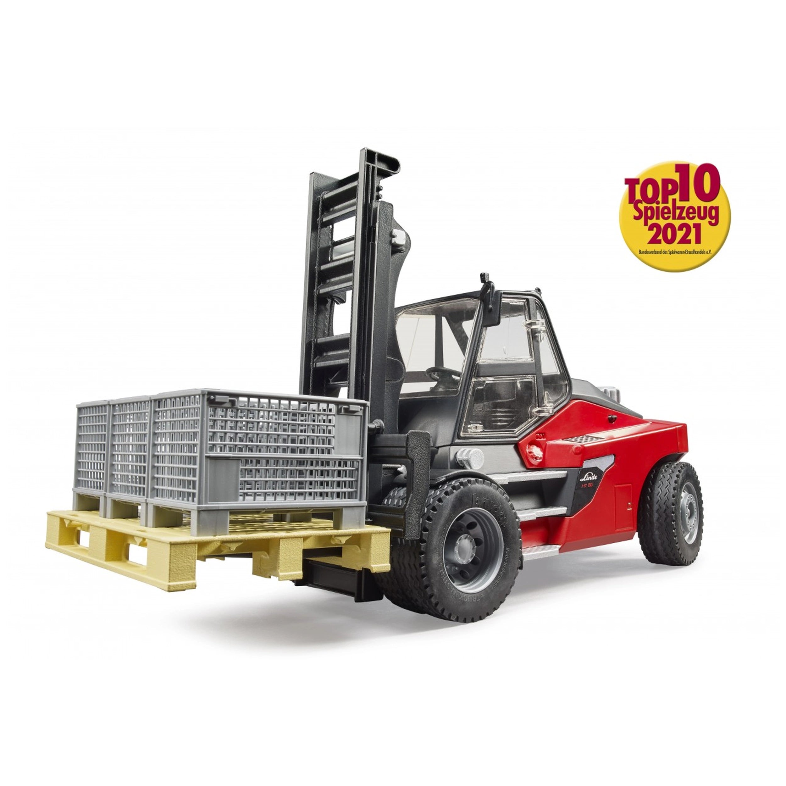 Bruder Linde HT160D stacker toy with pallet cages, red and gray design, realistic forklift features, "Top 10 Spielzeug 2021" badge.