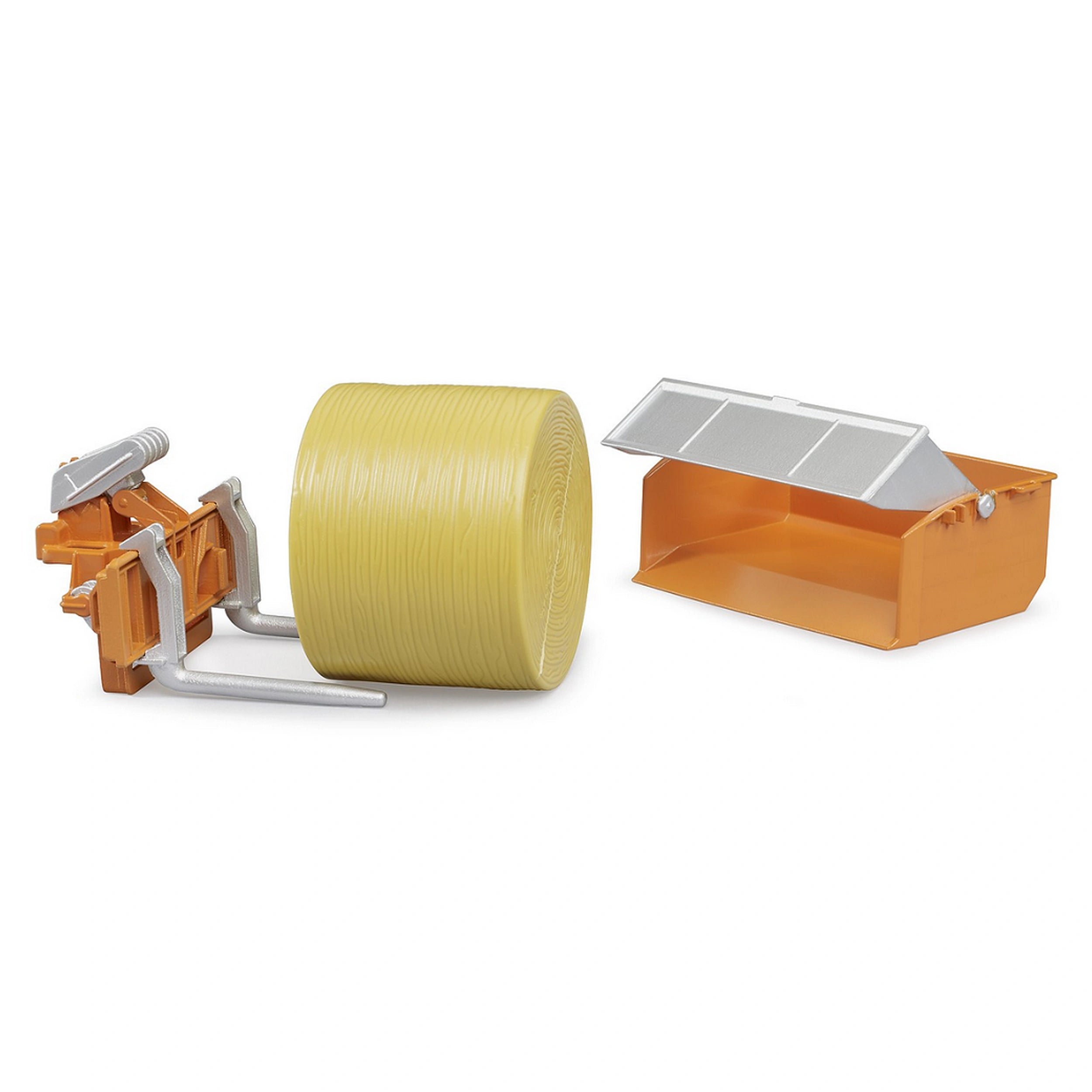 Bruder toy loading box with open rear door, orange with silver top, and detachable forks holding a yellow hay bale.