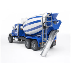 Blue Bruder MACK Granite Cement Mixer toy truck with a striped drum and realistic details, rear and side view.