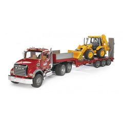 Red MACK Granite truck with a low loader carrying a yellow JCB 4CX backhoe.