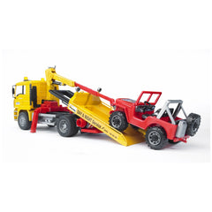 Yellow breakdown truck with red cross-country vehicle on its loading platform, branded "Day & Night Service".