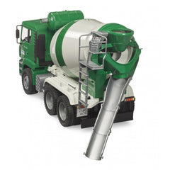 Green and white toy cement mixer truck with realistic details and rotating drum, ideal for imaginative play.