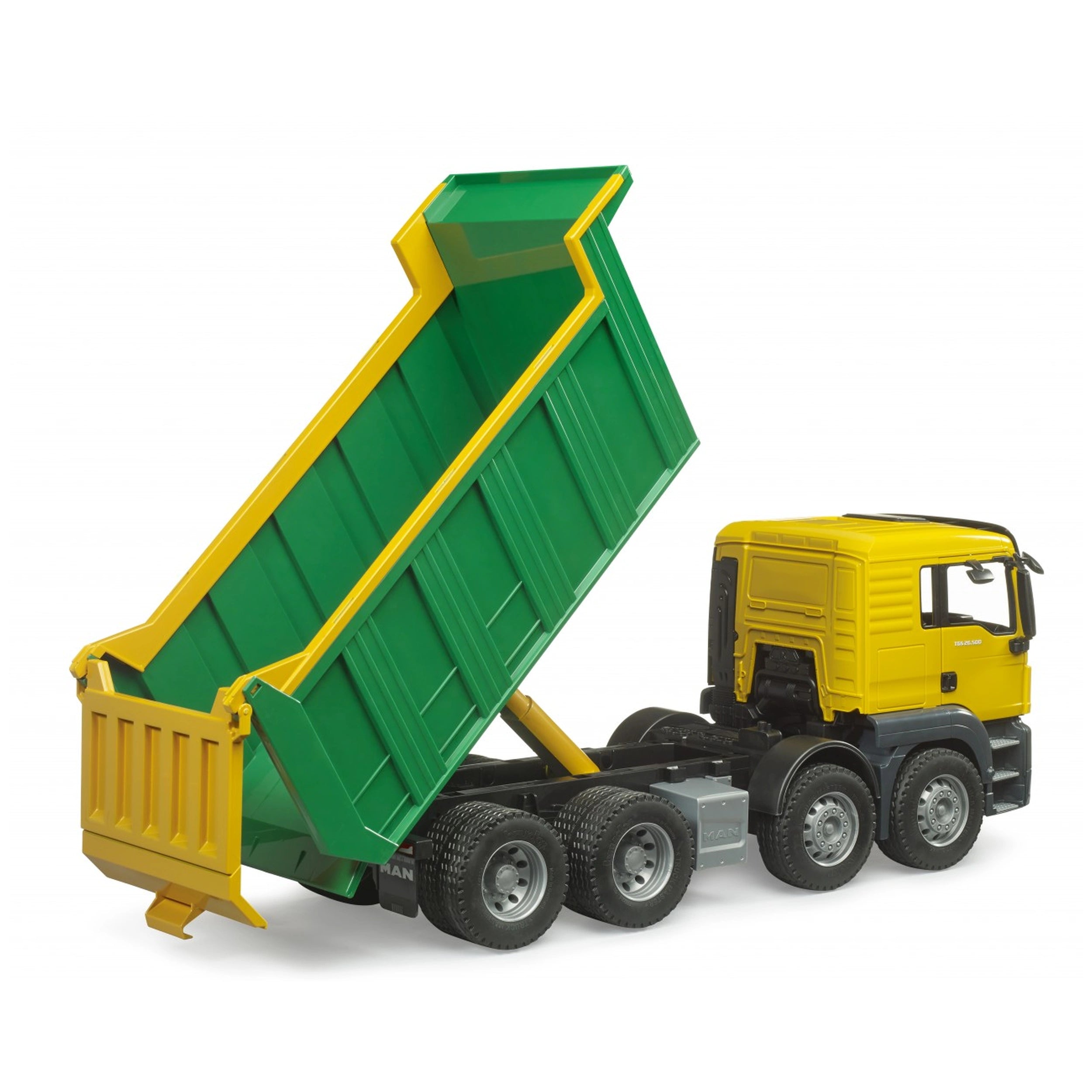Yellow and green Bruder MAN TGS tipper truck toy with raised bed, showcasing realistic design and sturdy wheels.
