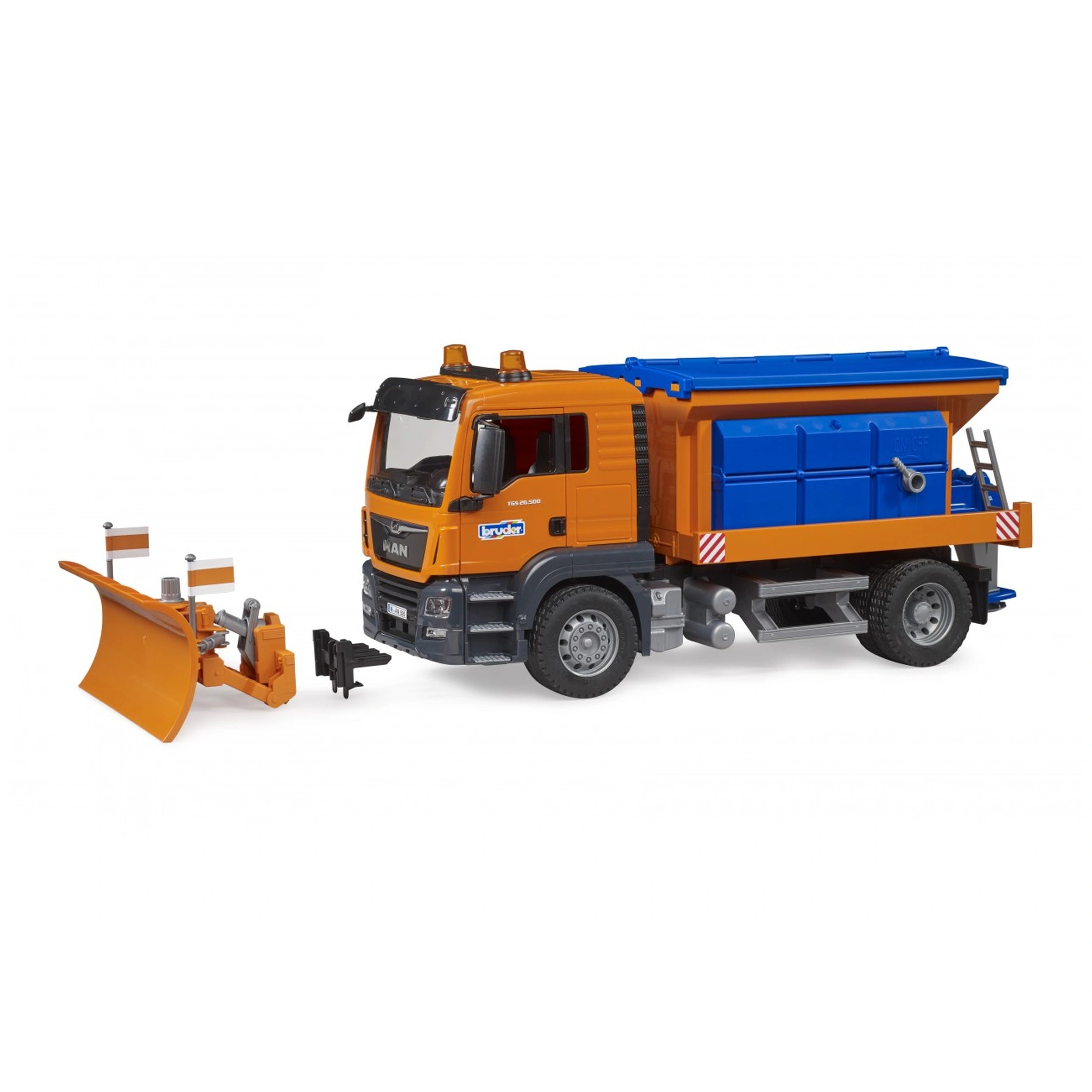 Orange and blue toy snowplough truck with detachable plough blade, showcasing winter service design.