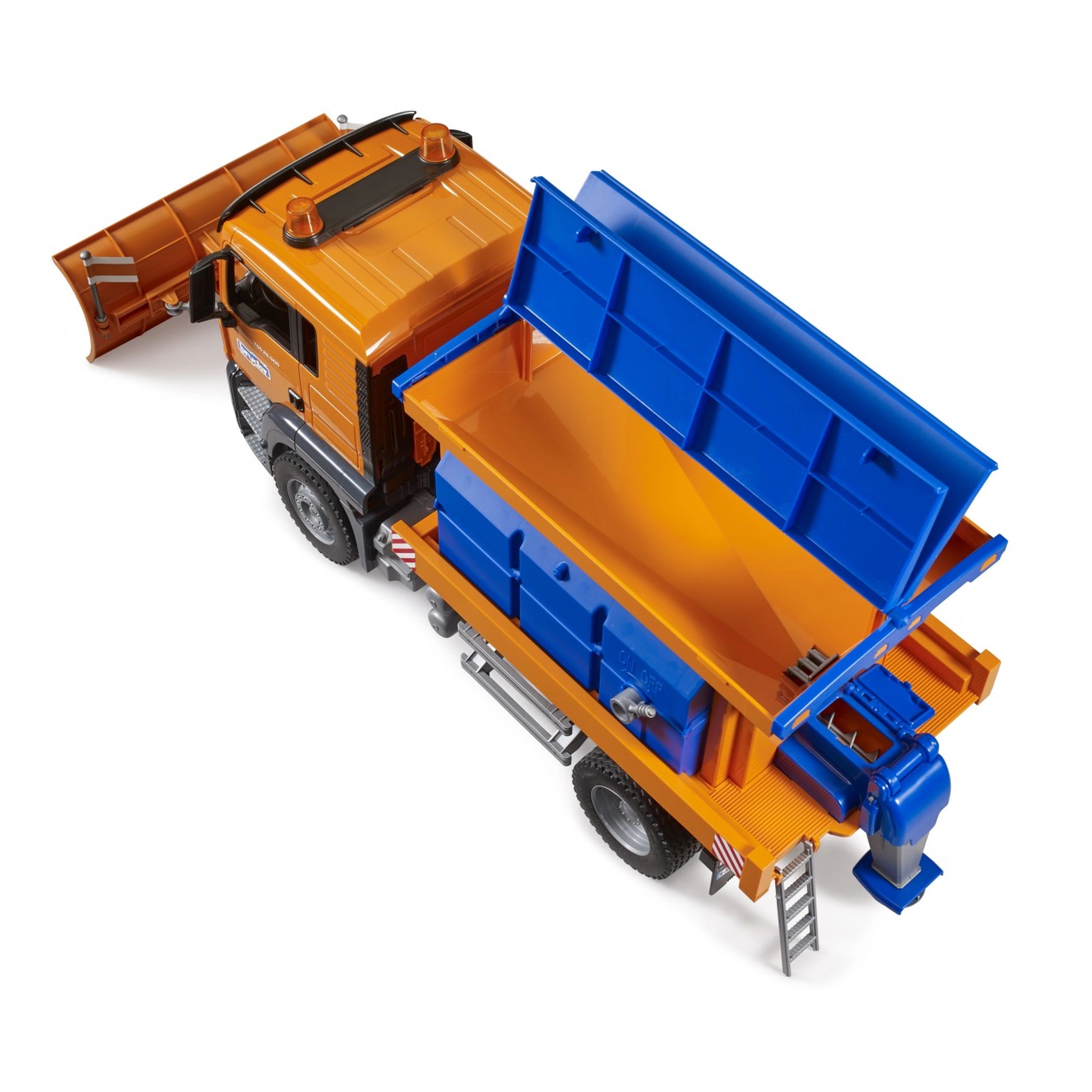 Orange and blue toy snowplough truck with detachable plough blade and open back storage compartment, view from above.