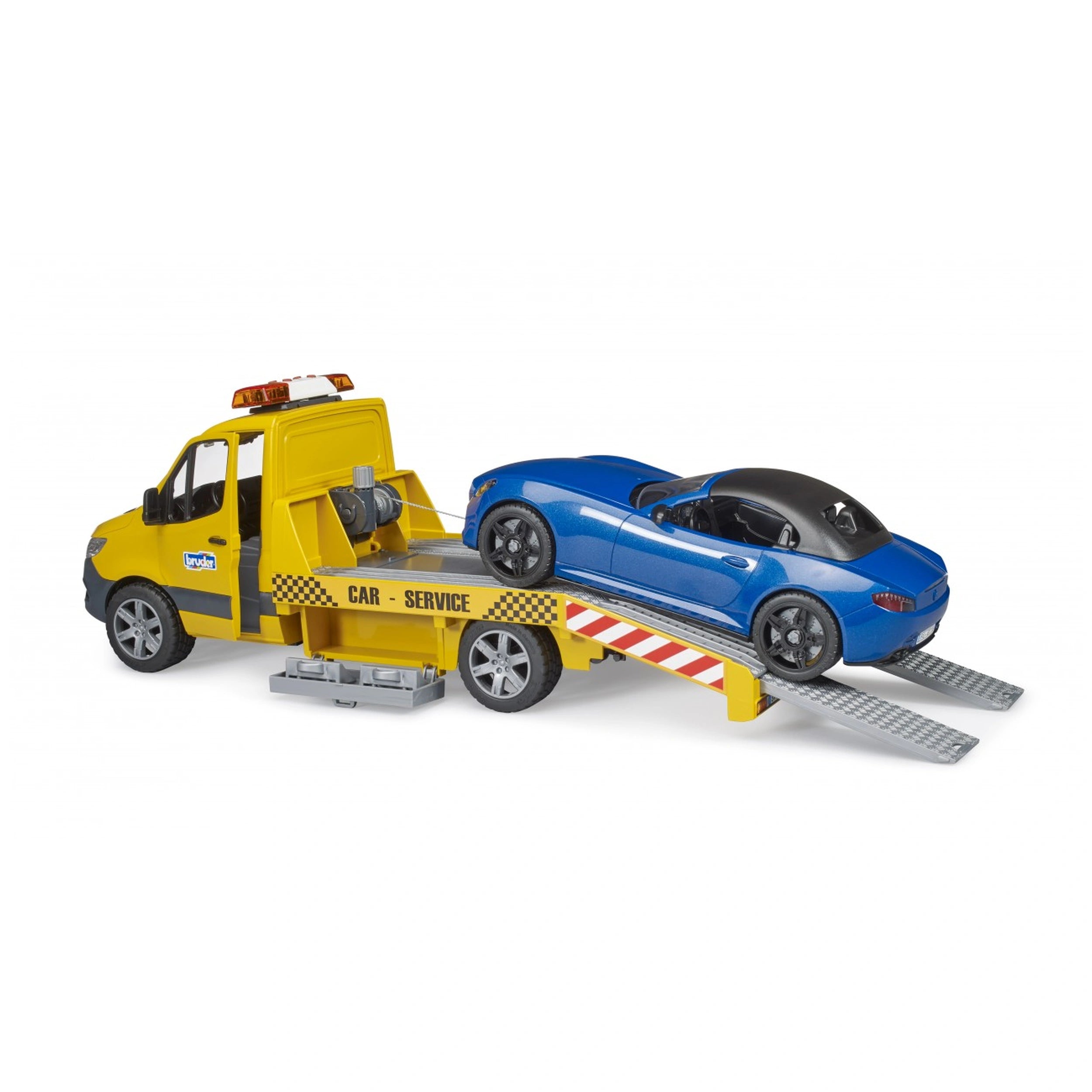 Yellow Bruder MB Sprinter car transporter with blue roadster on ramp, features light and sound module.
