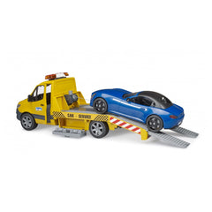 Yellow Bruder MB Sprinter car transporter with blue roadster on ramp, features light and sound module.