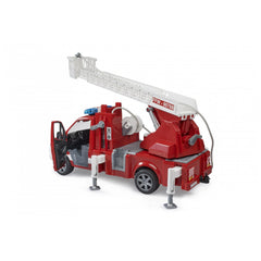 Bruder MB Sprinter Fire Truck with extended white ladder, red body, and open driver's door.