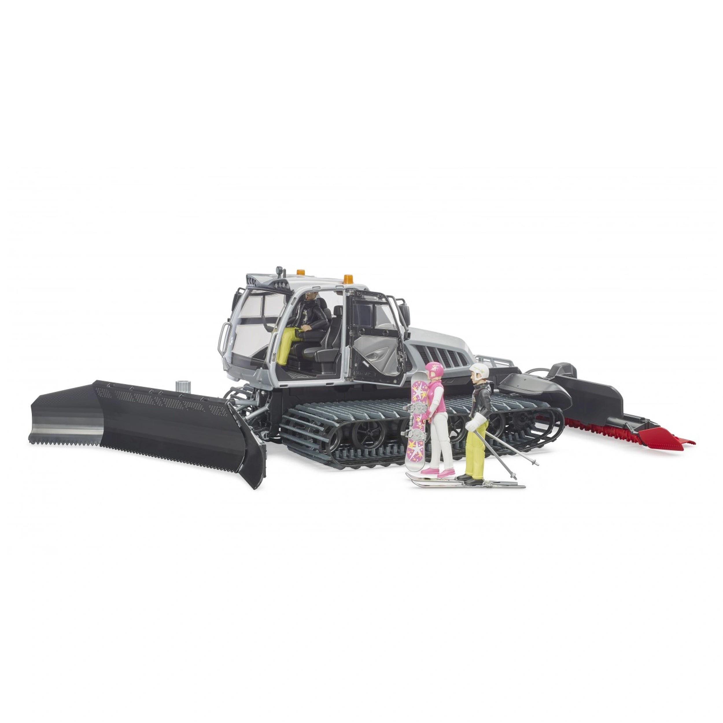 Bruder Prinoth Snow Groomer toy with two figures, snowboard and skis, featuring vibrant colors and realistic design.