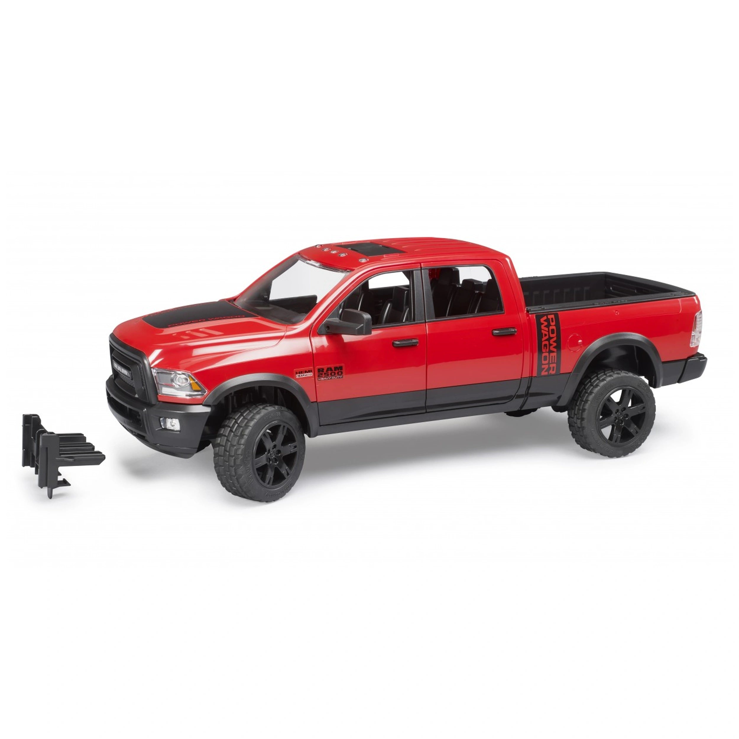Red Bruder RAM 2500 Power Wagon toy truck, 1:16 scale, realistic design, black wheels, detachable parts.