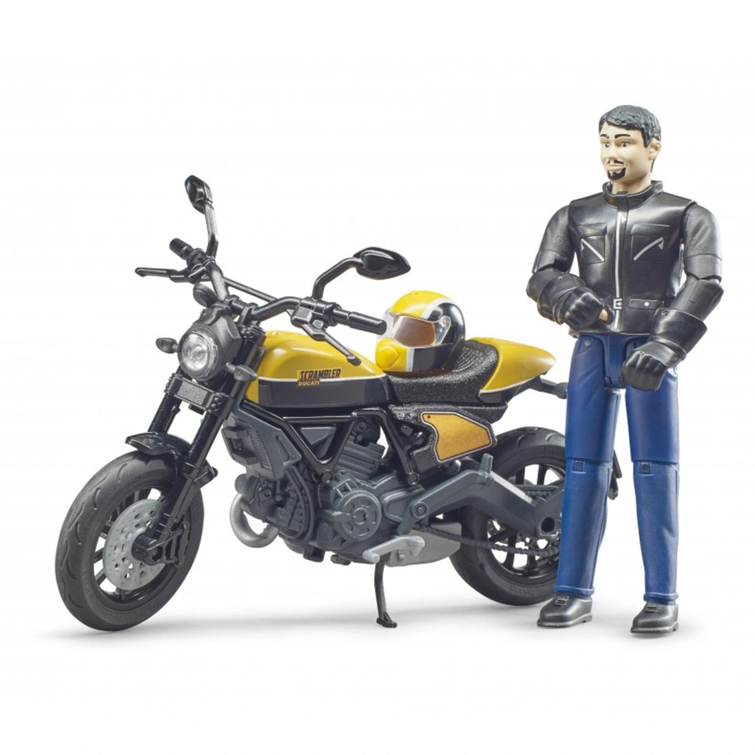 Toy figure with yellow Scrambler Ducati bike, detailed rider in black gear and helmet, on a white background.