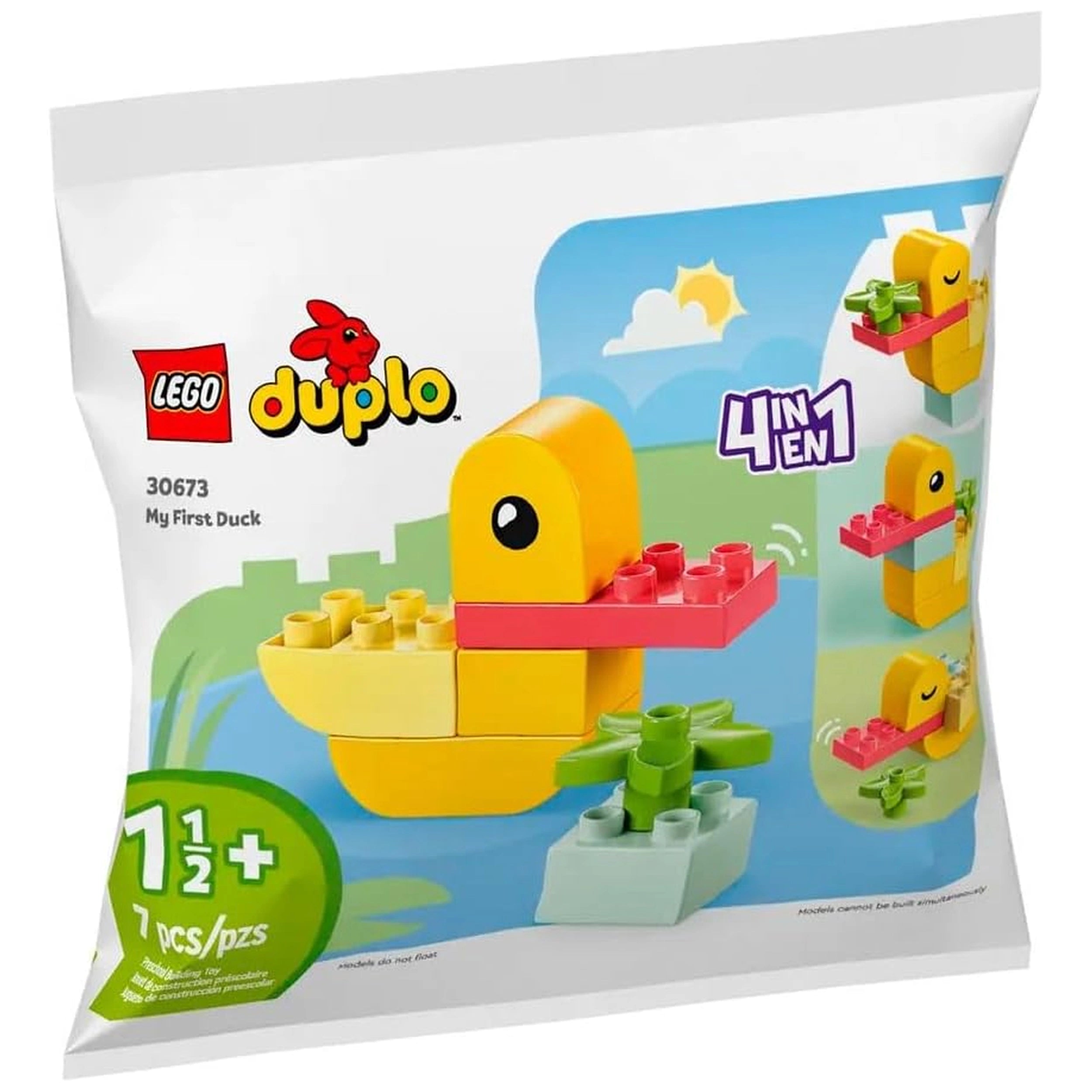 Brightly colored LEGO DUPLO My First Duck set in vibrant yellow and red, featuring a duck model and a green pond base, showcasing the 4-in-1 design.