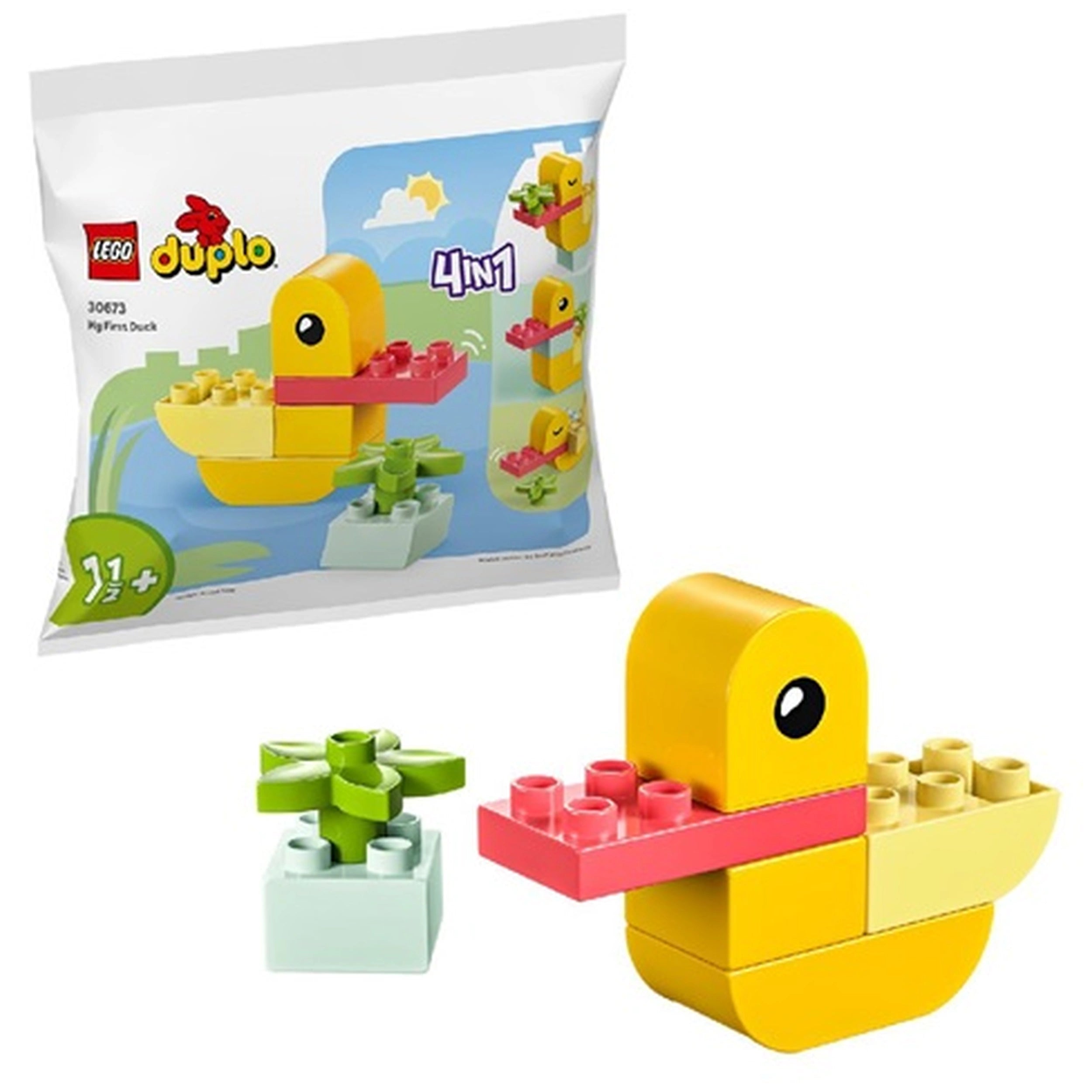 LEGO DUPLO My First Duck 4 in 1 set, featuring a bright yellow duck with a red beak, a green flower, and a colorful packaging design.