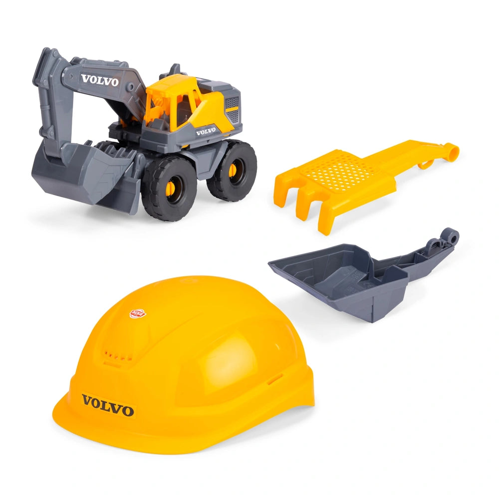 Dickie Toys - Volvo Tough Excavator Construction Playset for Kids Ages 3 Years+ - 4-Piece Sand and Garden Vehicle Set with Adjustable Builder Helmet, Shovel, Sieve Rake and 26 cm Free-Wheeling Digger