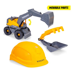 Dickie Toys - Volvo Tough Excavator Construction Playset for Kids Ages 3 Years+ - 4-Piece Sand and Garden Vehicle Set with Adjustable Builder Helmet, Shovel, Sieve Rake and 26 cm Free-Wheeling Digger