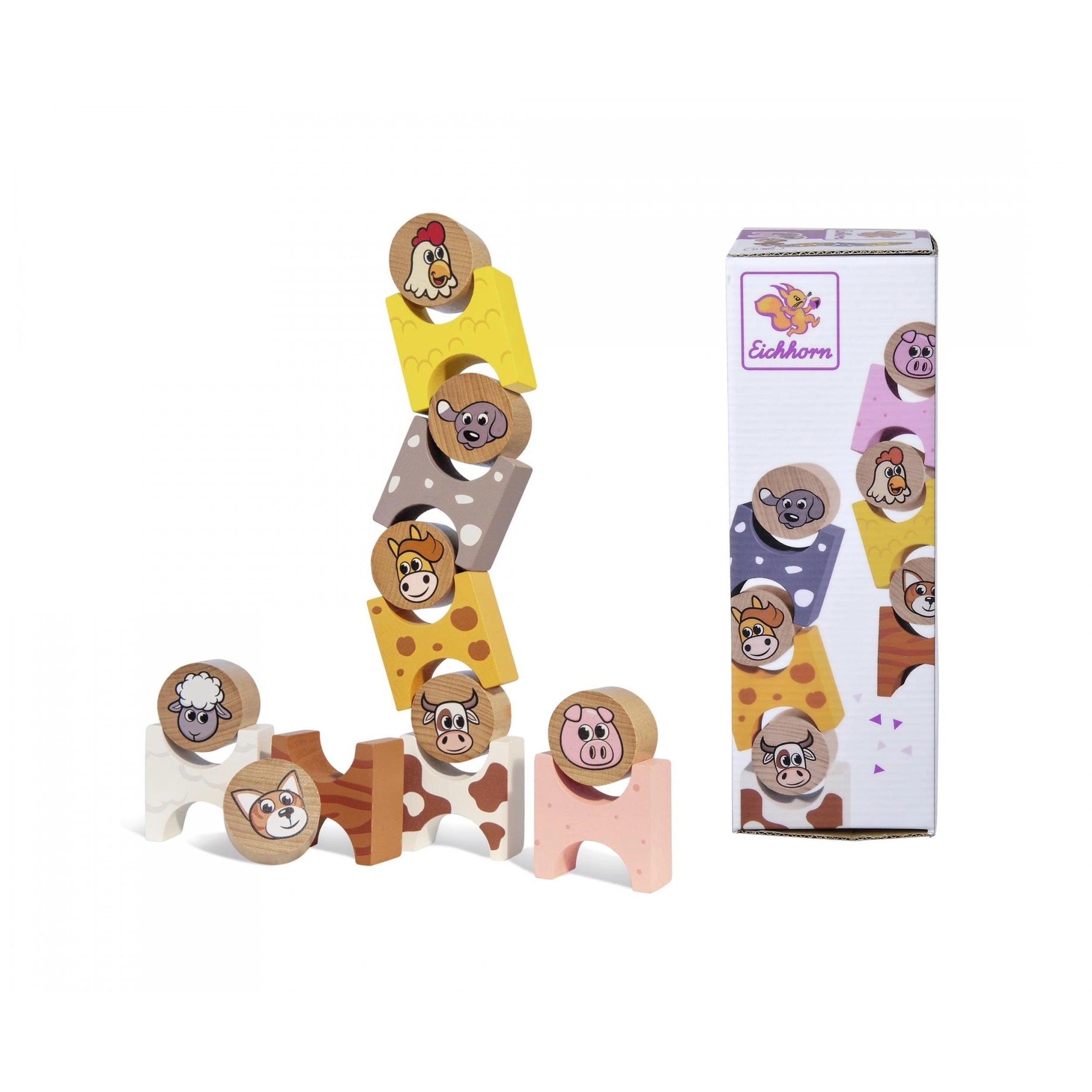 Eichhorn - Wooden Stacking Game Farm Animals -14 Pcs - Sorting & Stacking Toys