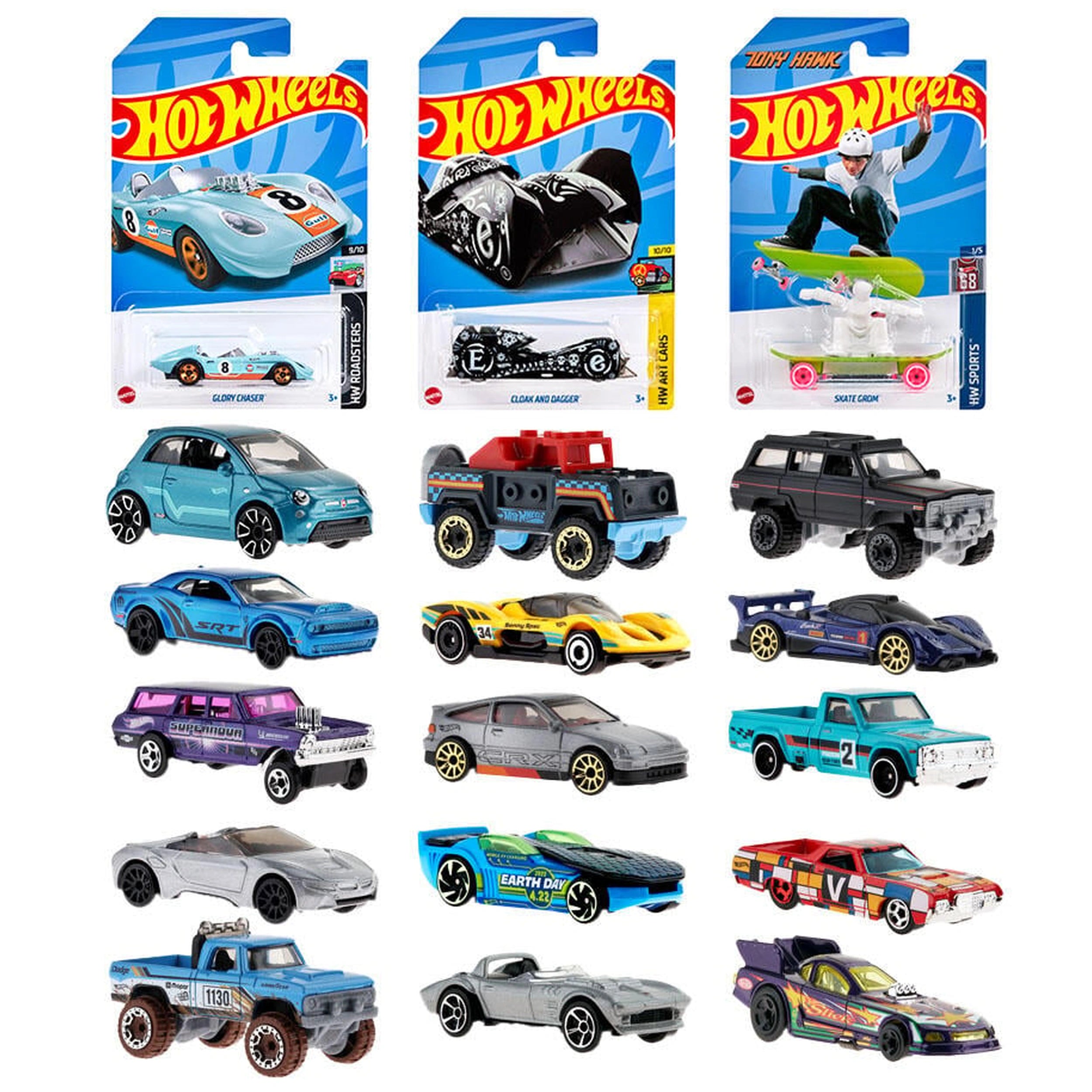 Hot Wheels HW Racing Track Single Vehicle Pack featuring a glossy cardboard box, transparent plastic, and detailed die-cast t