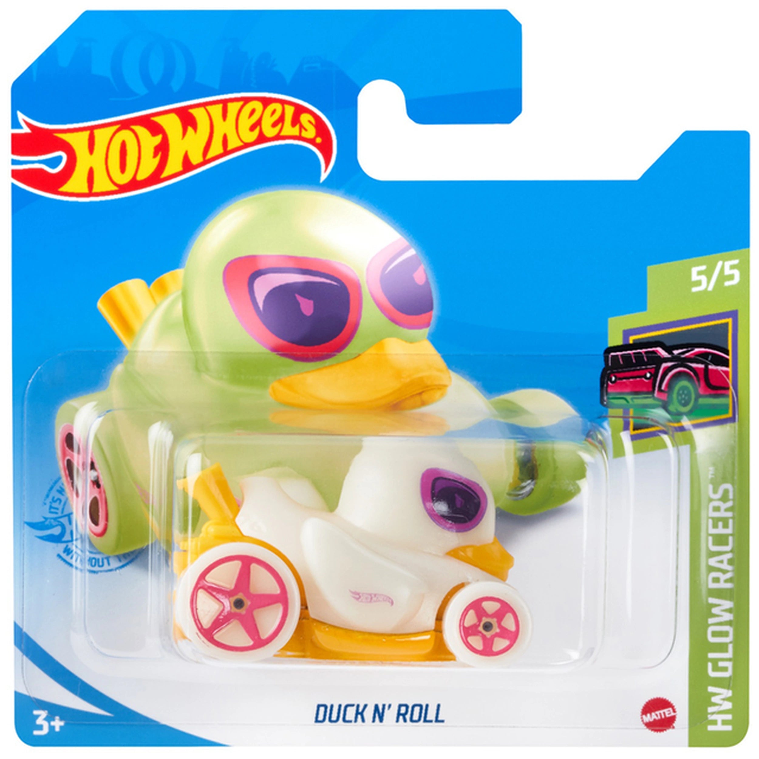 Hot Wheels Racing Track Single Vehicle Pack features a green duck with purple head, pink feet, and white wheels in blue packa