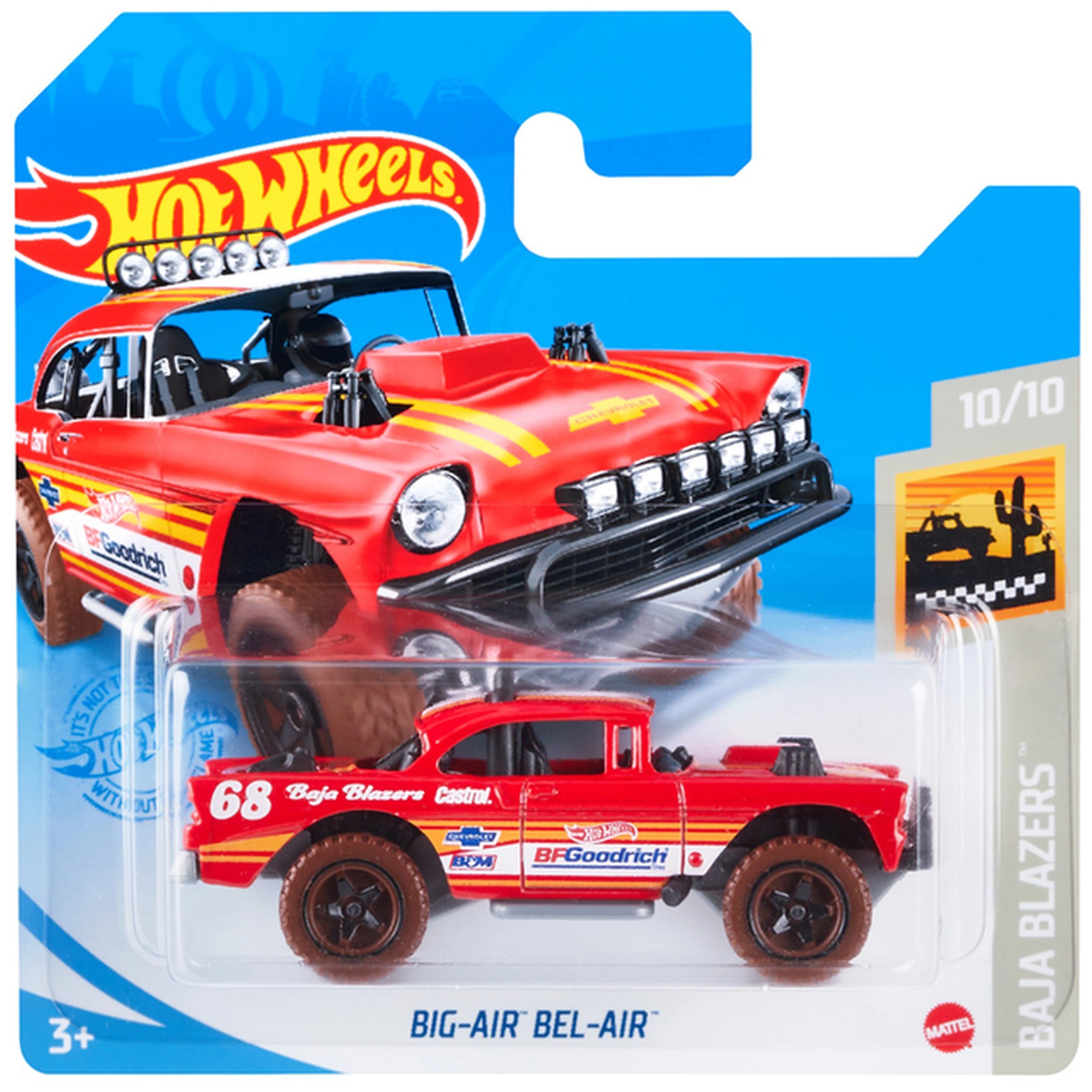 a red Hot Wheels racing car with yellow and white stripes in glossy packaging against a blue background, featuring black deta