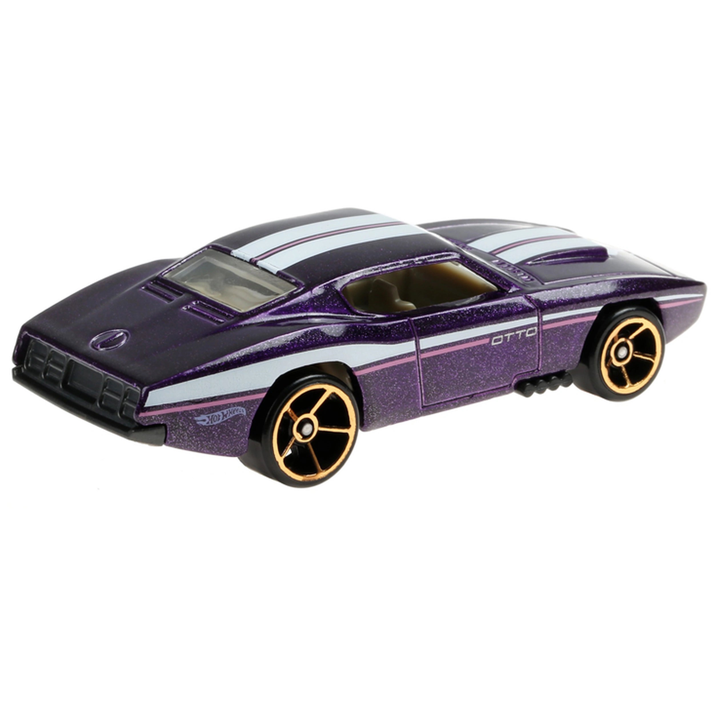 Hot Wheels HW Racing Track die-cast vehicle in glossy purple with white stripes, gold wheels, and detailed windows.
