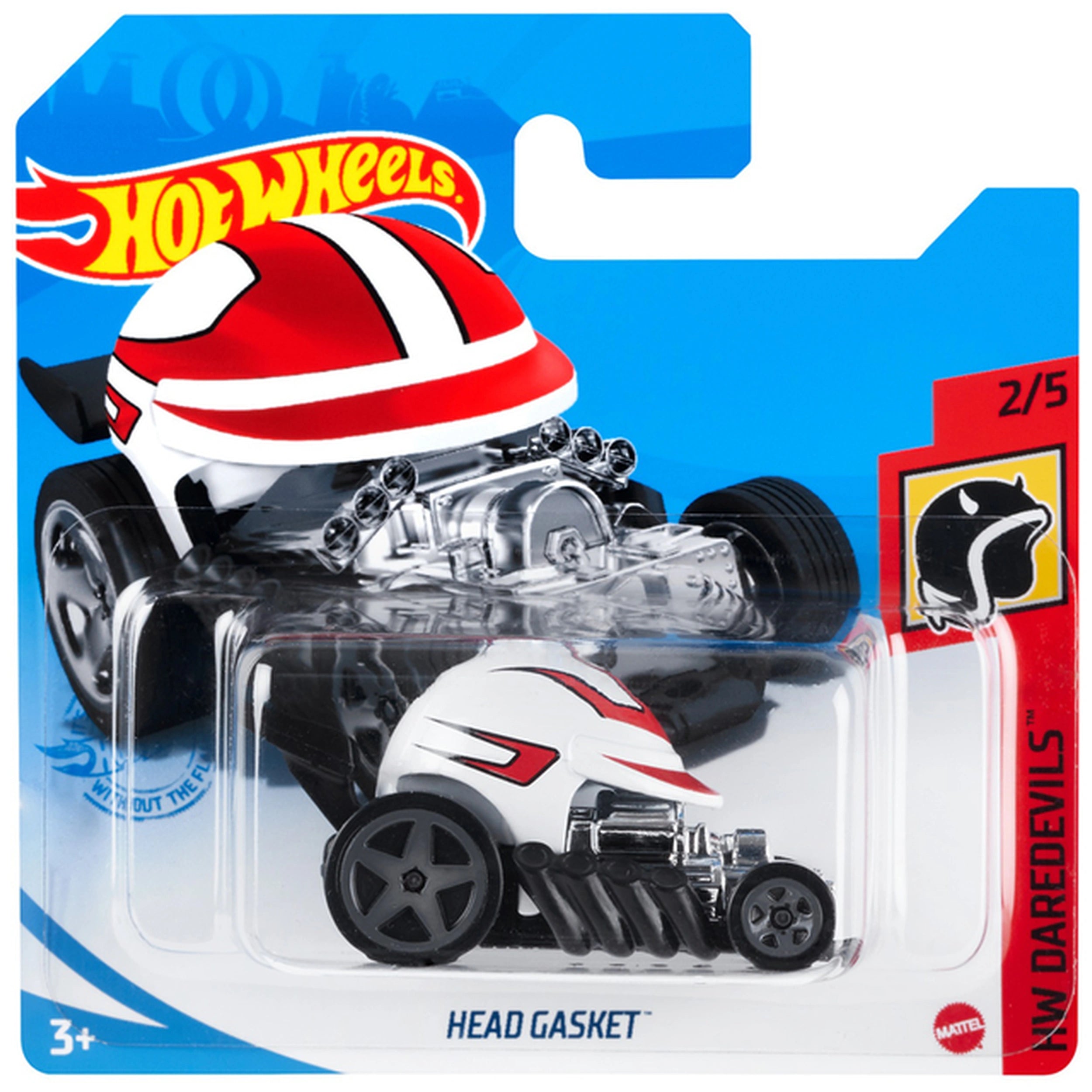Hot Wheels HW Racing Track single vehicle pack features a glossy blue packaging with a red and white die-cast toy car.
