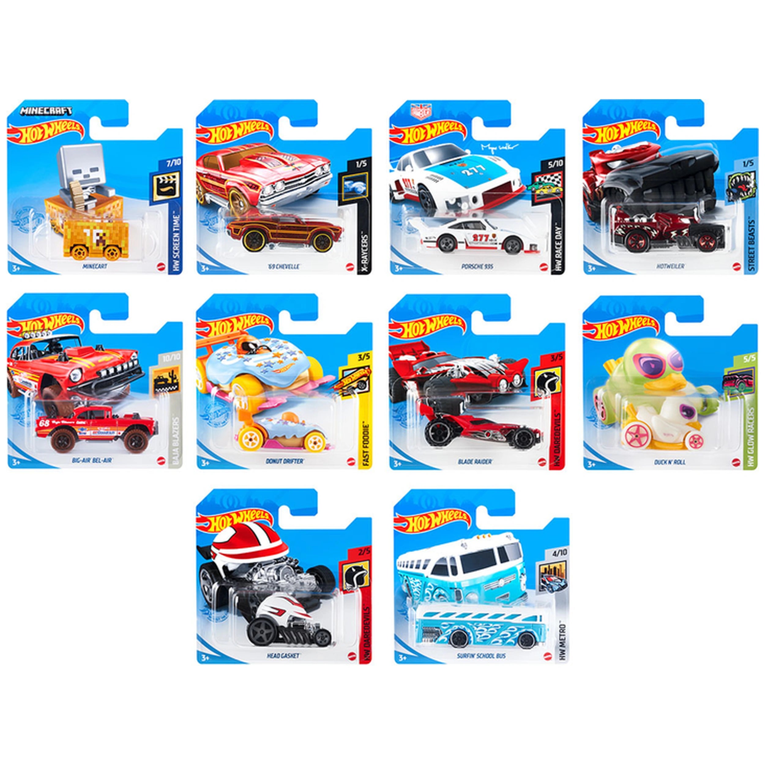 Hot Wheels HW Racing Track Single Vehicle Pack features six colorful die-cast cars and a toy truck in glossy blue packaging.
