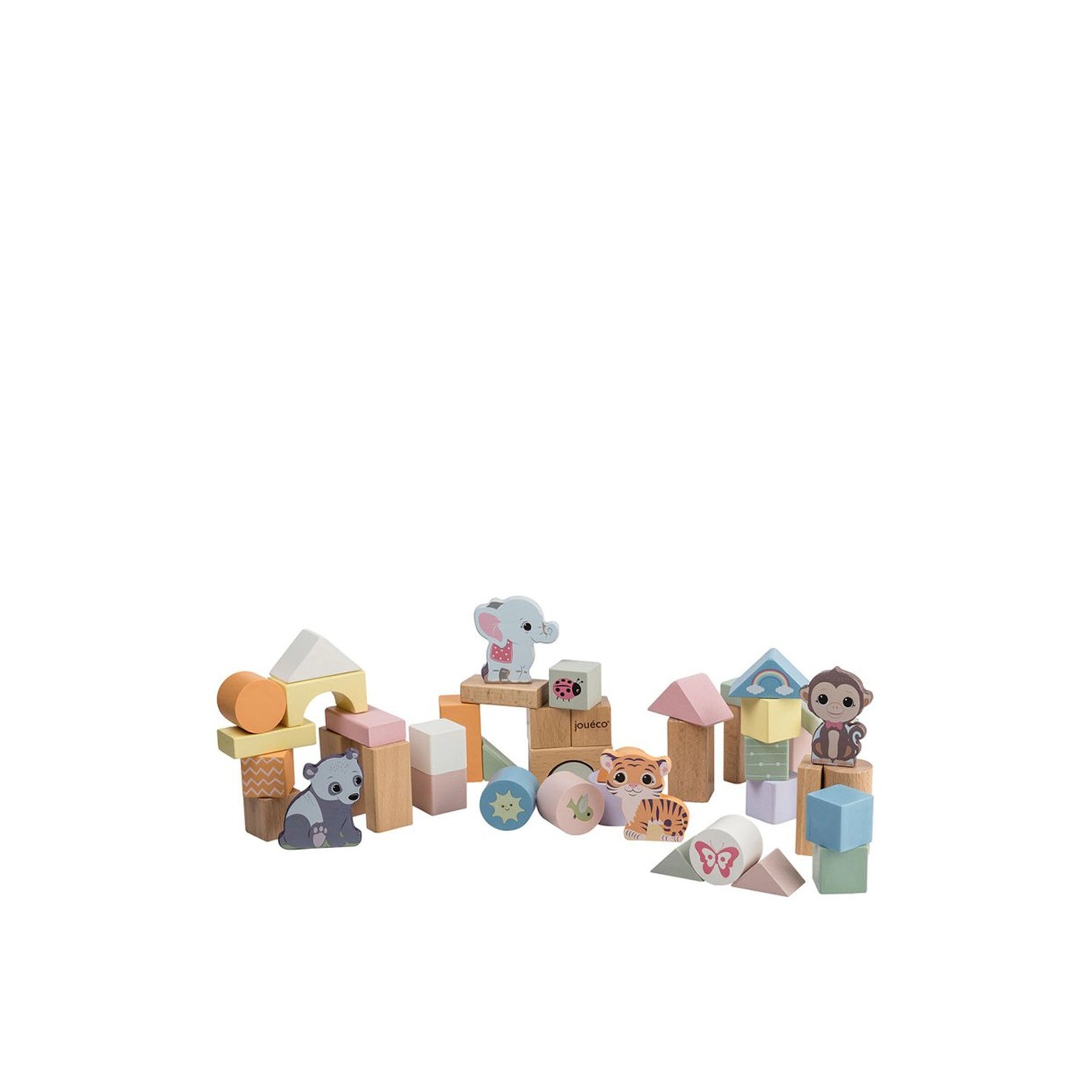 Johntoy - Les Blocs en Bois de la Famille Wildies dans un Baril de 50 Pièces - Jouets de Tri et d'Empilage