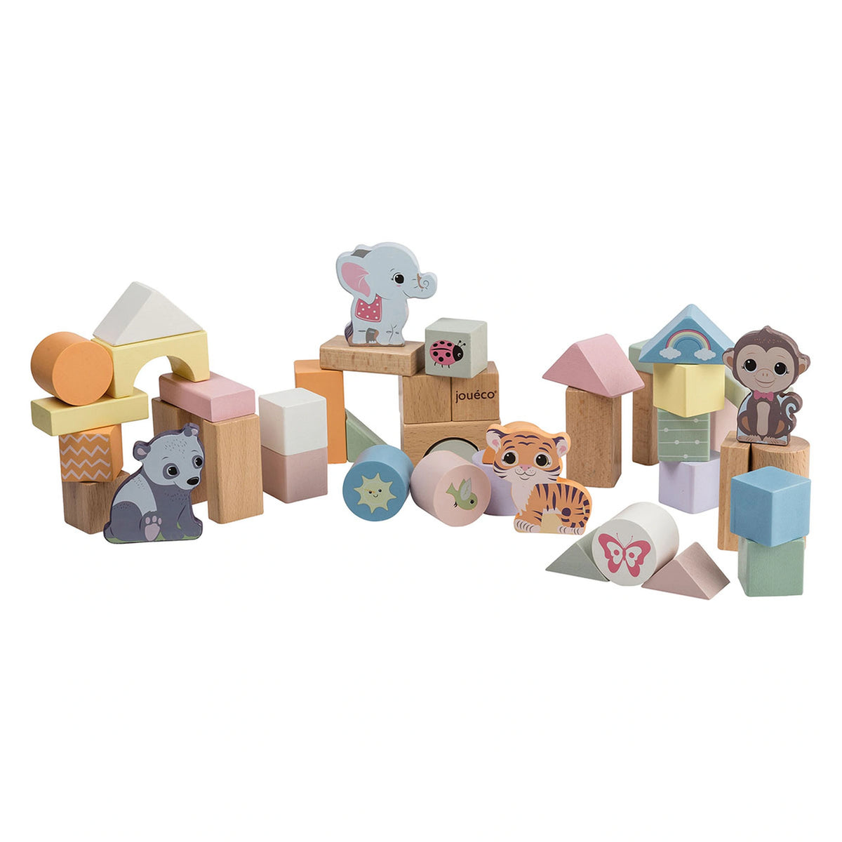 Johntoy - Les Blocs en Bois de la Famille Wildies dans un Baril de 50 Pièces - Jouets de Tri et d'Empilage