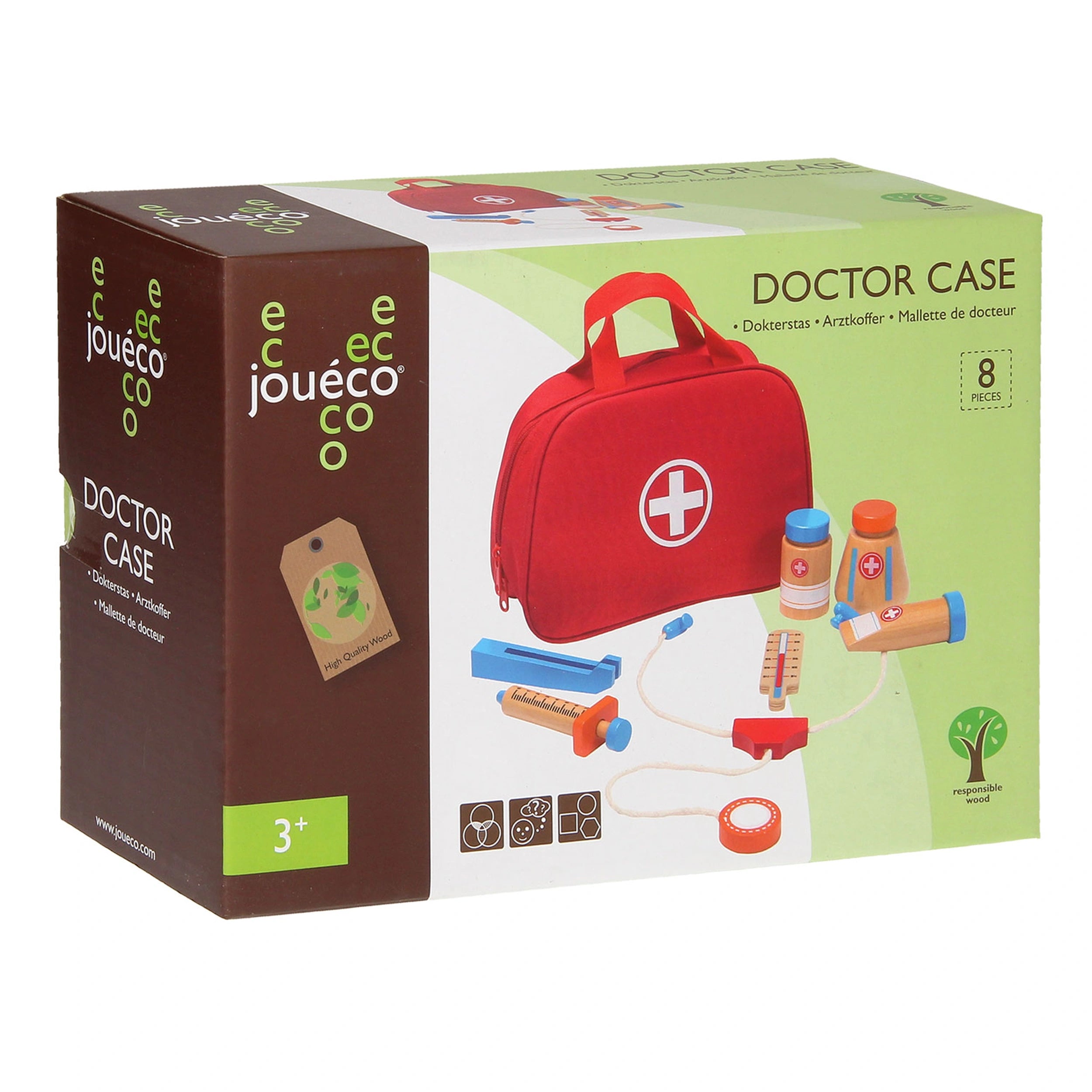 Johntoy - Mallette de médecin en bois avec accessoires 8 pièces - Professions fictives et jeux de rôle