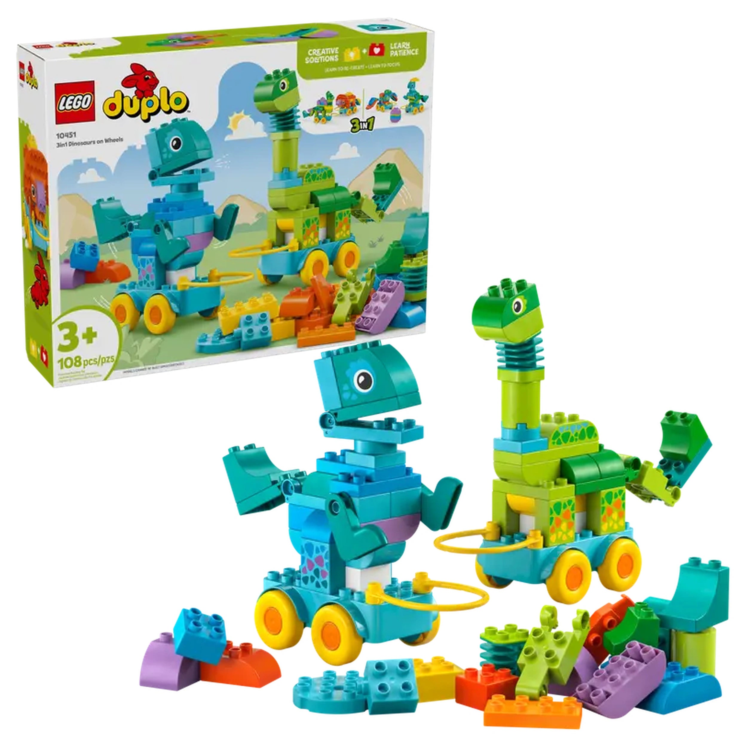Colorful LEGO DUPLO 3in1 Dinosaurs on Wheels set featuring a blue T. rex and a green Diplodocus on wheeled bases, surrounded by assorted building blocks. The box displays the set's playful designs and encourages creativity for ages 3 and up.