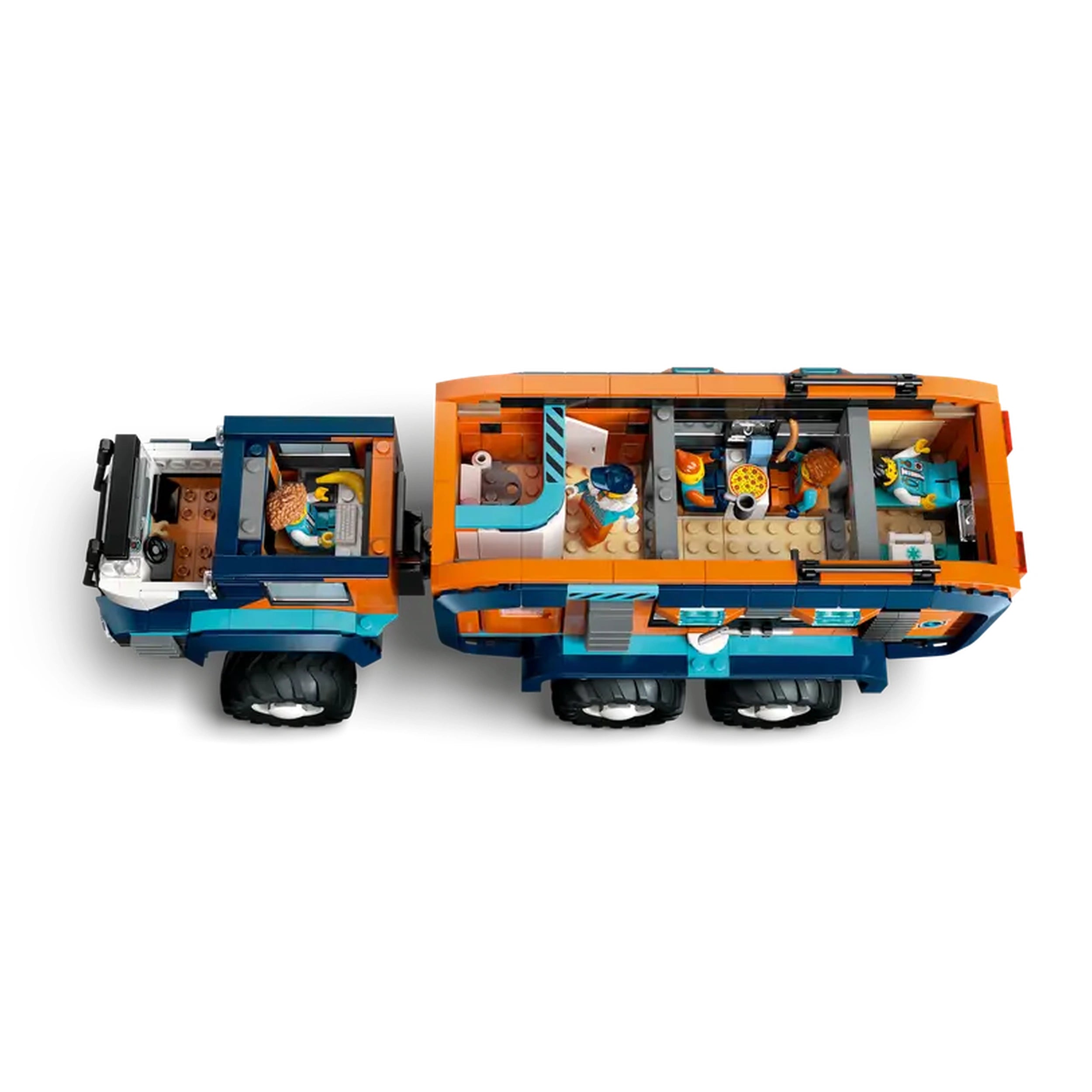 LEGO Arctic Explorer Science Lab Truck with a driver’s cab and a detailed laboratory, featuring colorful interiors and two minifigures.