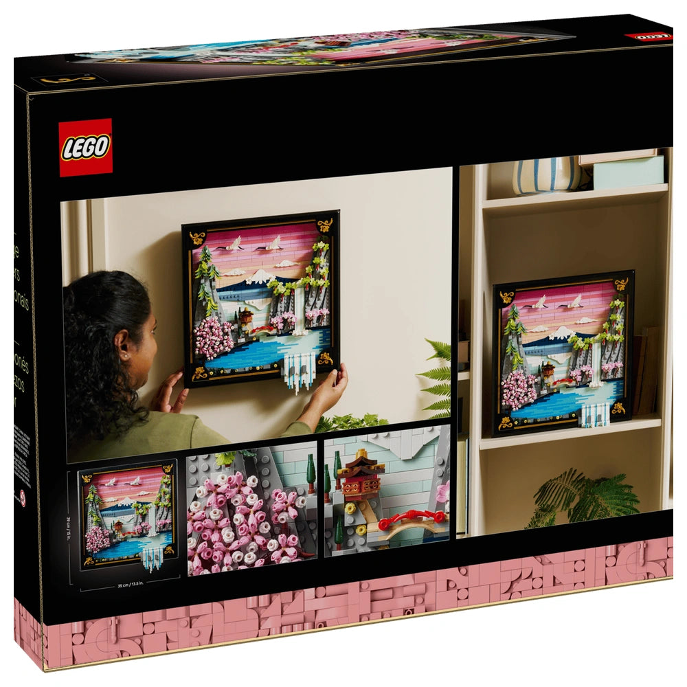 LEGO Art Japanese Cherry Blossom Landscape set displayed on a shelf, featuring vibrant colors and various building components
