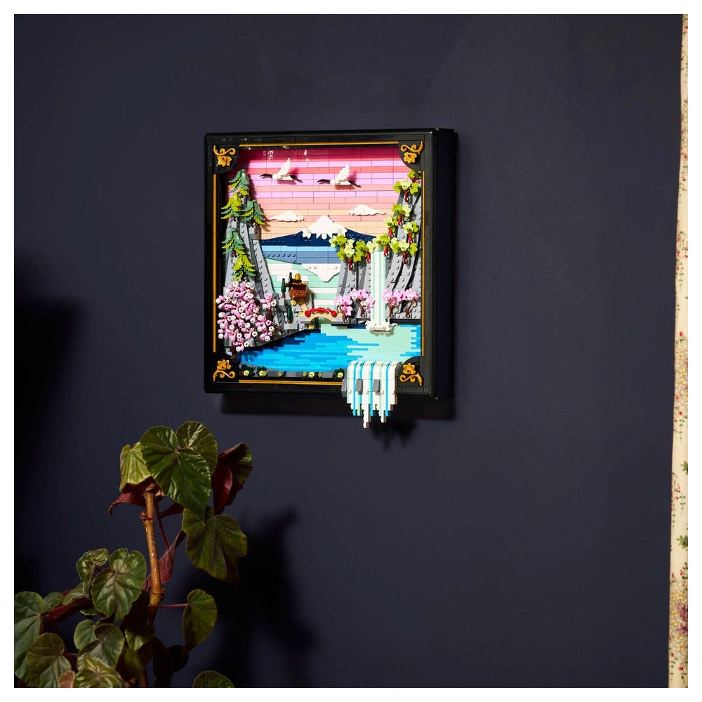 LEGO Art Japanese Cherry Blossom Landscape features a vibrant mosaic scene with water, a boat, and a mountain framed in black