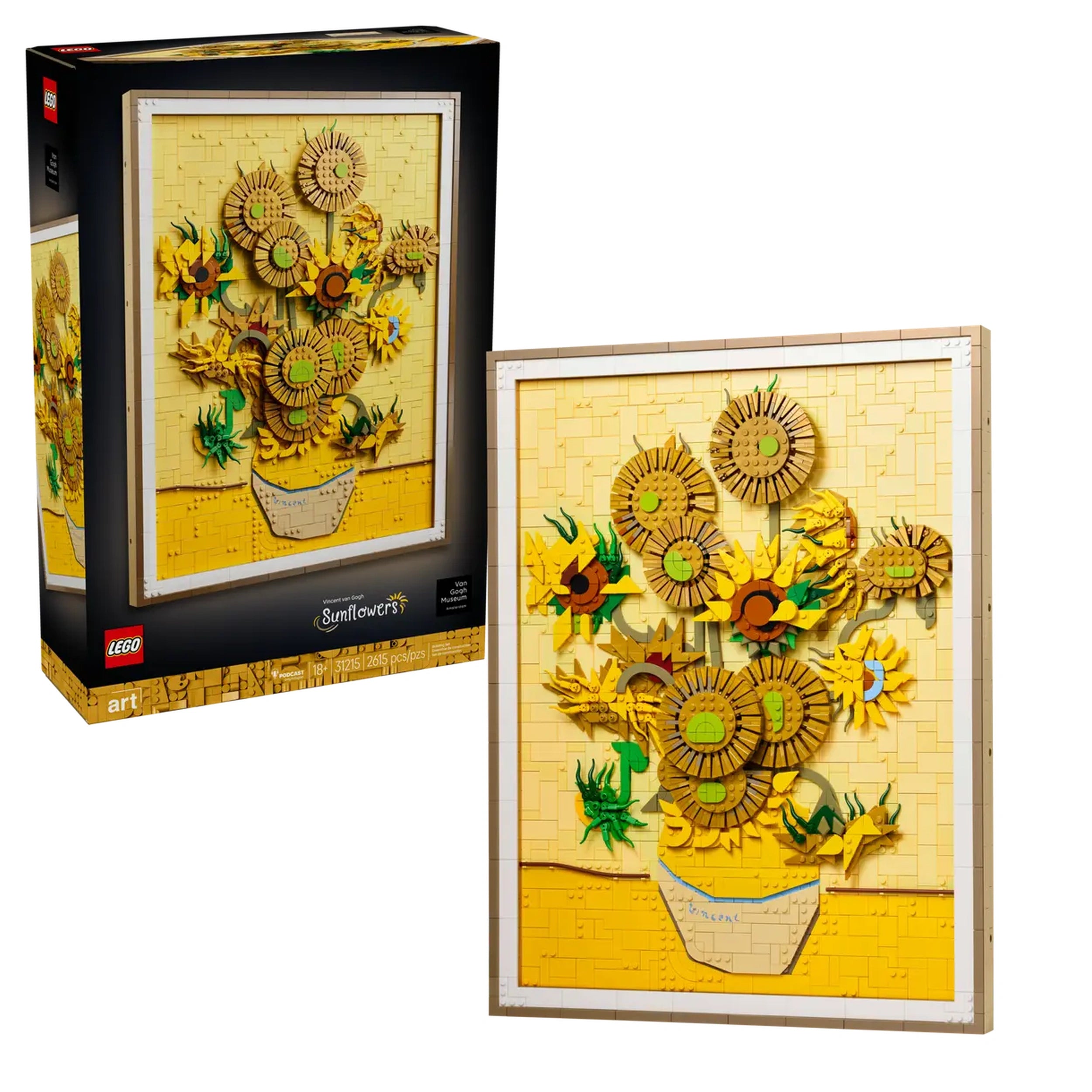 LEGO Art set featuring Van Gogh's Sunflowers, showcasing vibrant yellow sunflowers in a vase against a textured yellow background, framed elegantly.