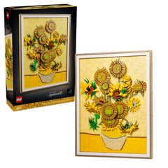 LEGO Art set featuring Van Gogh's Sunflowers, showcasing vibrant yellow sunflowers in a vase against a textured yellow background, framed elegantly.