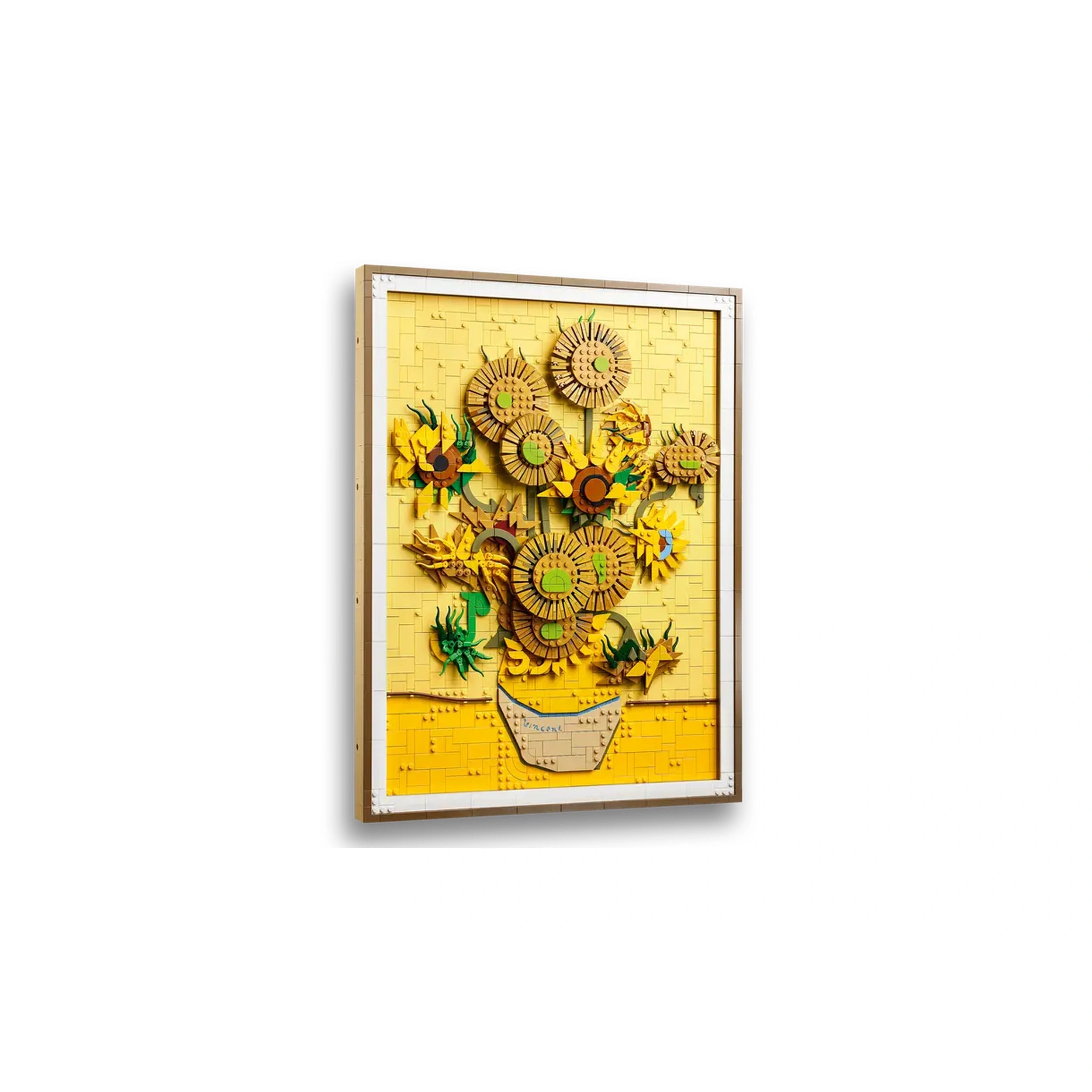 LEGO Art set featuring a vibrant, three-dimensional recreation of Van Gogh's "Sunflowers," with adjustable petals and a framed display.