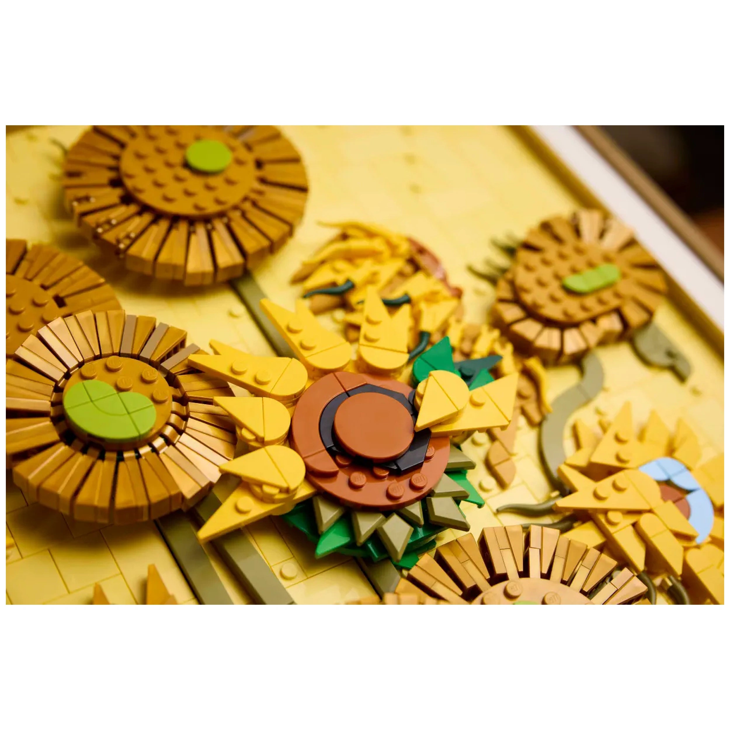 Colorful LEGO sunflower assembly featuring vibrant yellows, greens, and browns, capturing Van Gogh's iconic artwork.