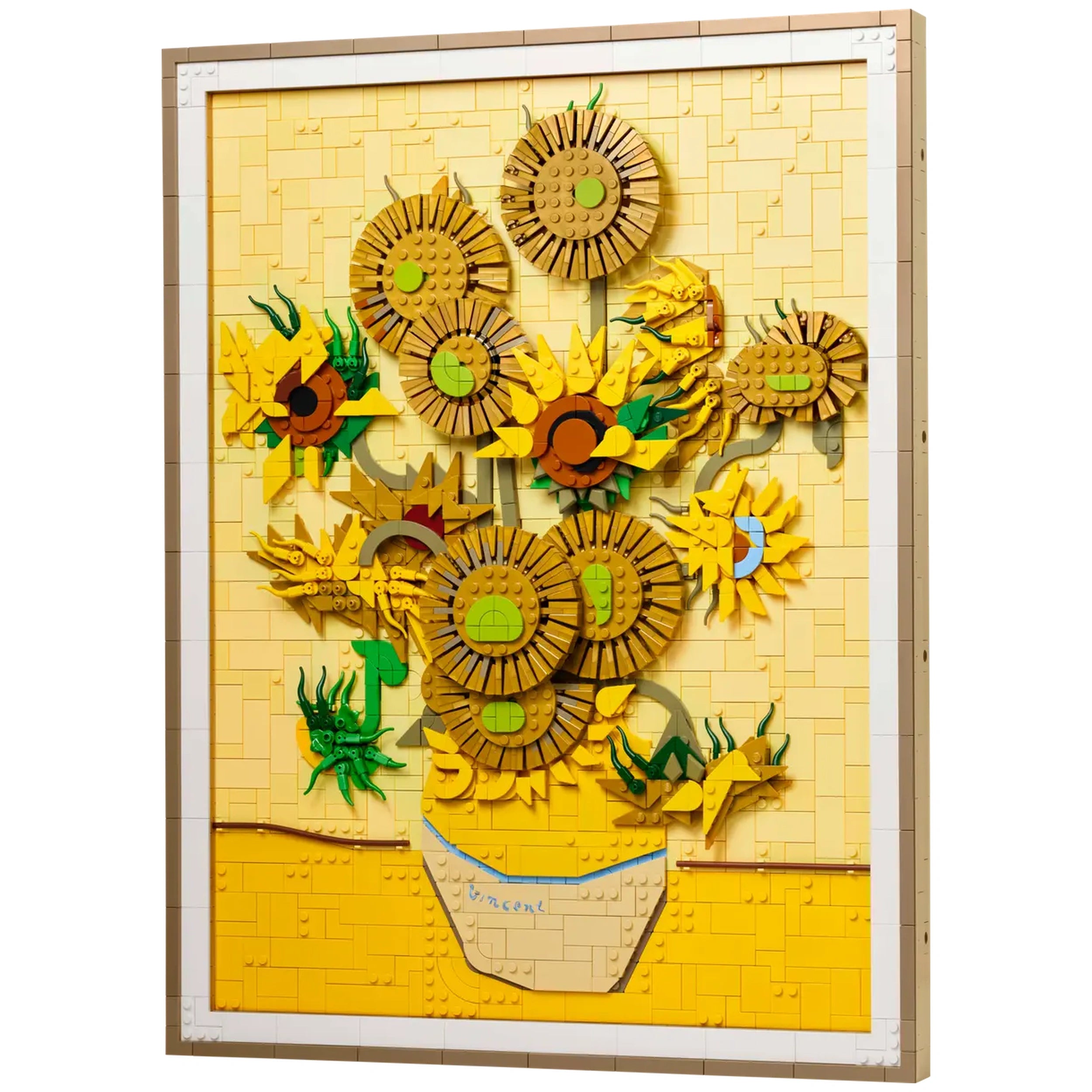 LEGO Art set featuring vibrant yellow sunflowers in a decorative frame, showcasing intricate petal details and a blue signature.