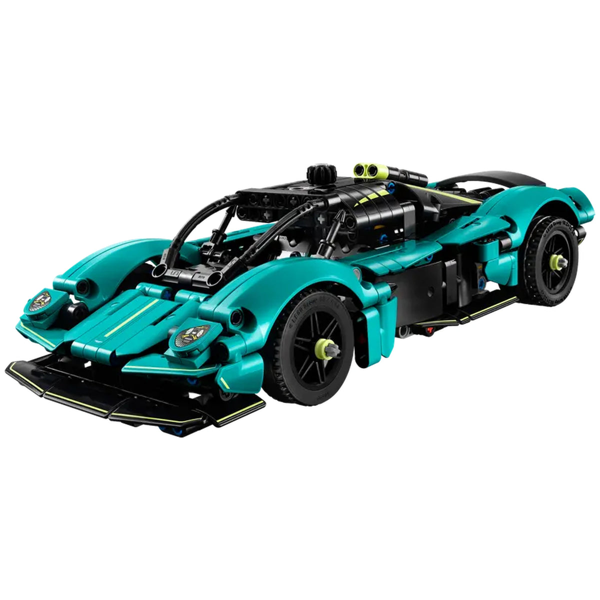 LEGO Aston Martin Valkyrie construction set with intricate design, turquoise body, and realistic details like gullwing doors and V12 engine.