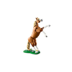 Posable LEGO Creator horse in brown, rearing on its hind legs atop a green grass-effect base with flowers.