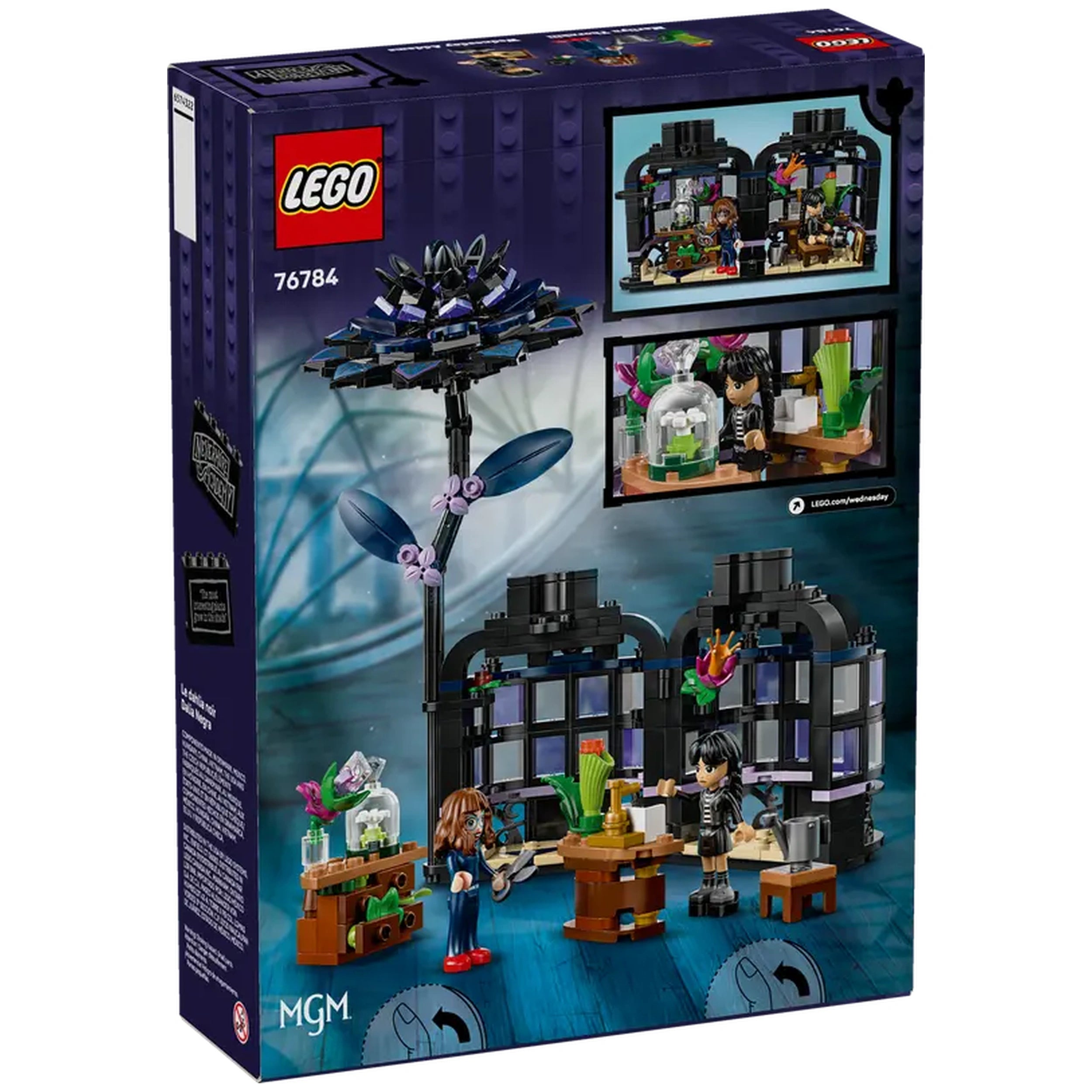 LEGO Black Dahlia Flower set featuring a striking black flower atop a tall stem, surrounded by two minifigures in a colorful classroom setting.