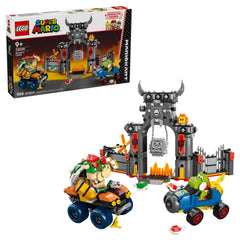 LEGO Bowser's Castle set featuring Bowser and Yoshi in karts, surrounded by a detailed castle structure with fiery elements and obstacles.