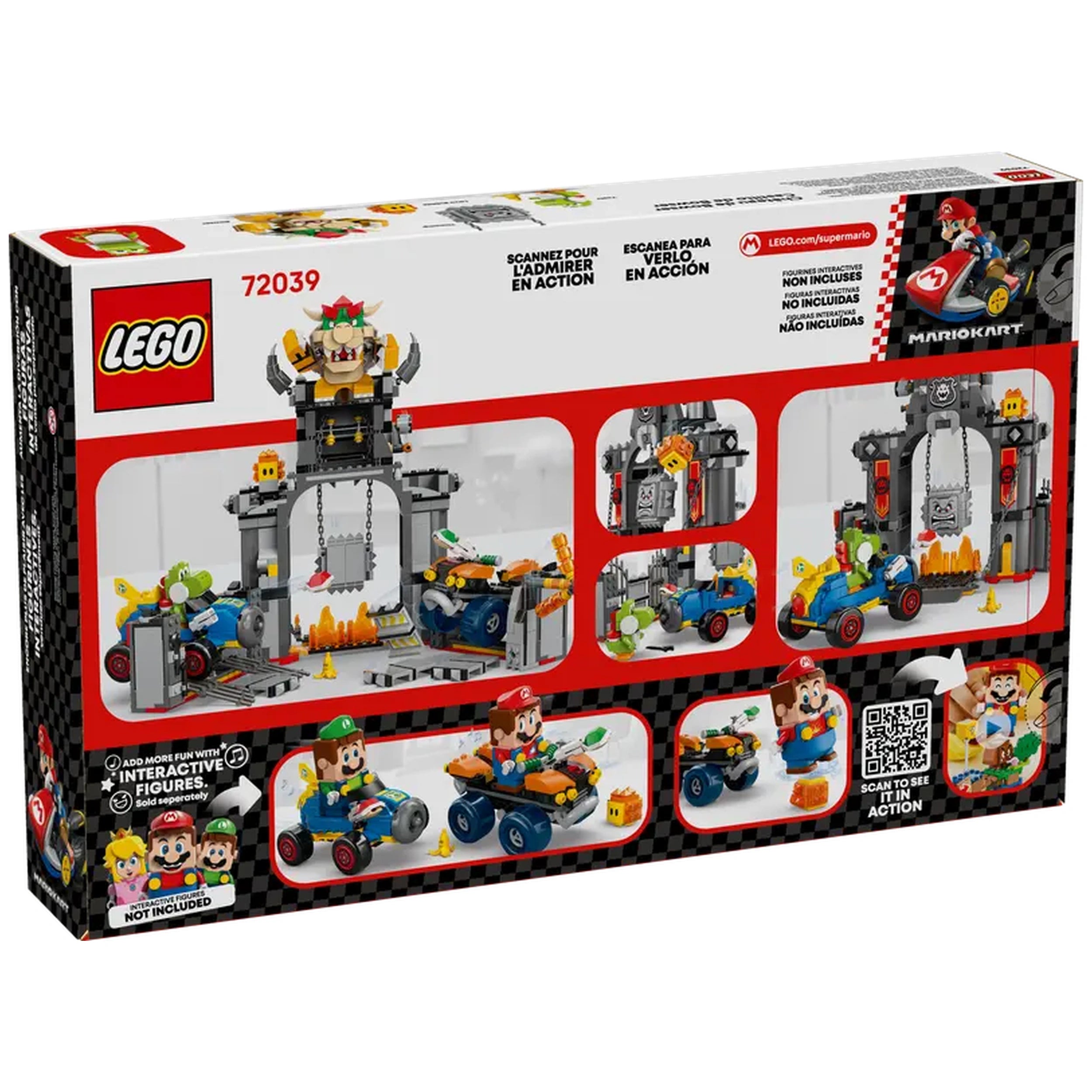 LEGO Mario Kart Bowser's Castle construction set packaging showing Bowser atop a throne, Yoshi and figures racing on karts, and vibrant interactive elements.