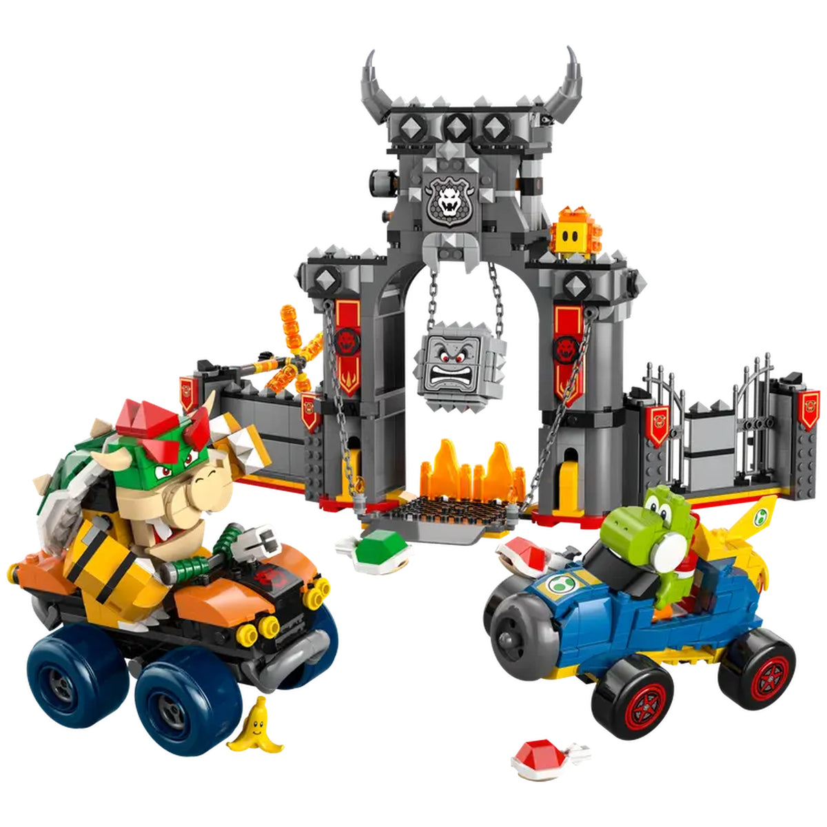 Bowser's Castle LEGO set features Bowser and Yoshi in colorful karts, surrounded by fun interactive elements like lava and a Thwomp.