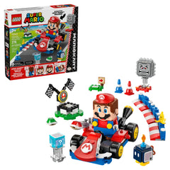 Interactive LEGO® Mario™ figure in a red Standard Kart, surrounded by colorful blocks, characters, and accessories from the Mario Kart playset.