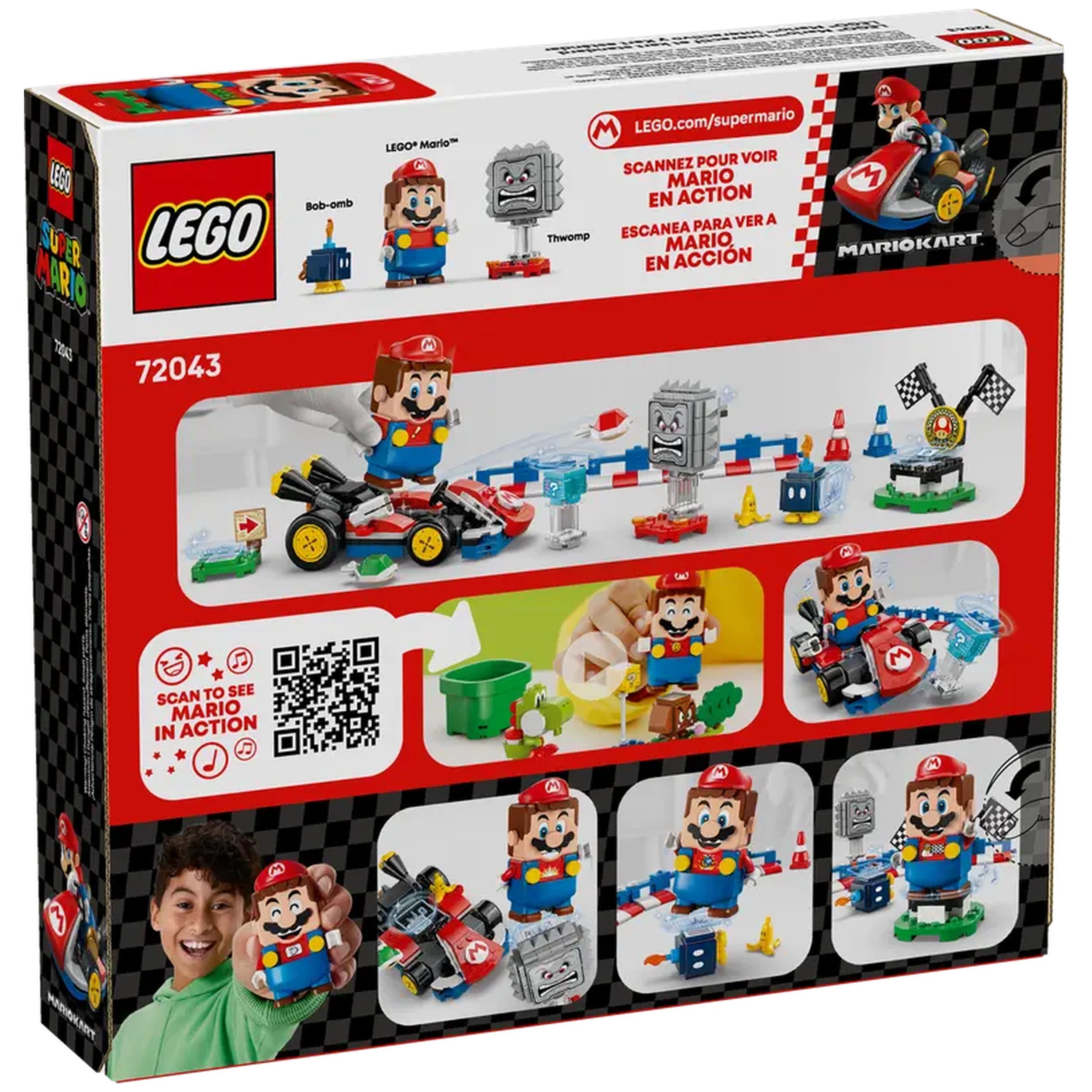 LEGO Mario Kart playset showcase featuring LEGO Mario in his kart, a Bob-omb and Thwomp figures, colorful race elements, and interactive features.