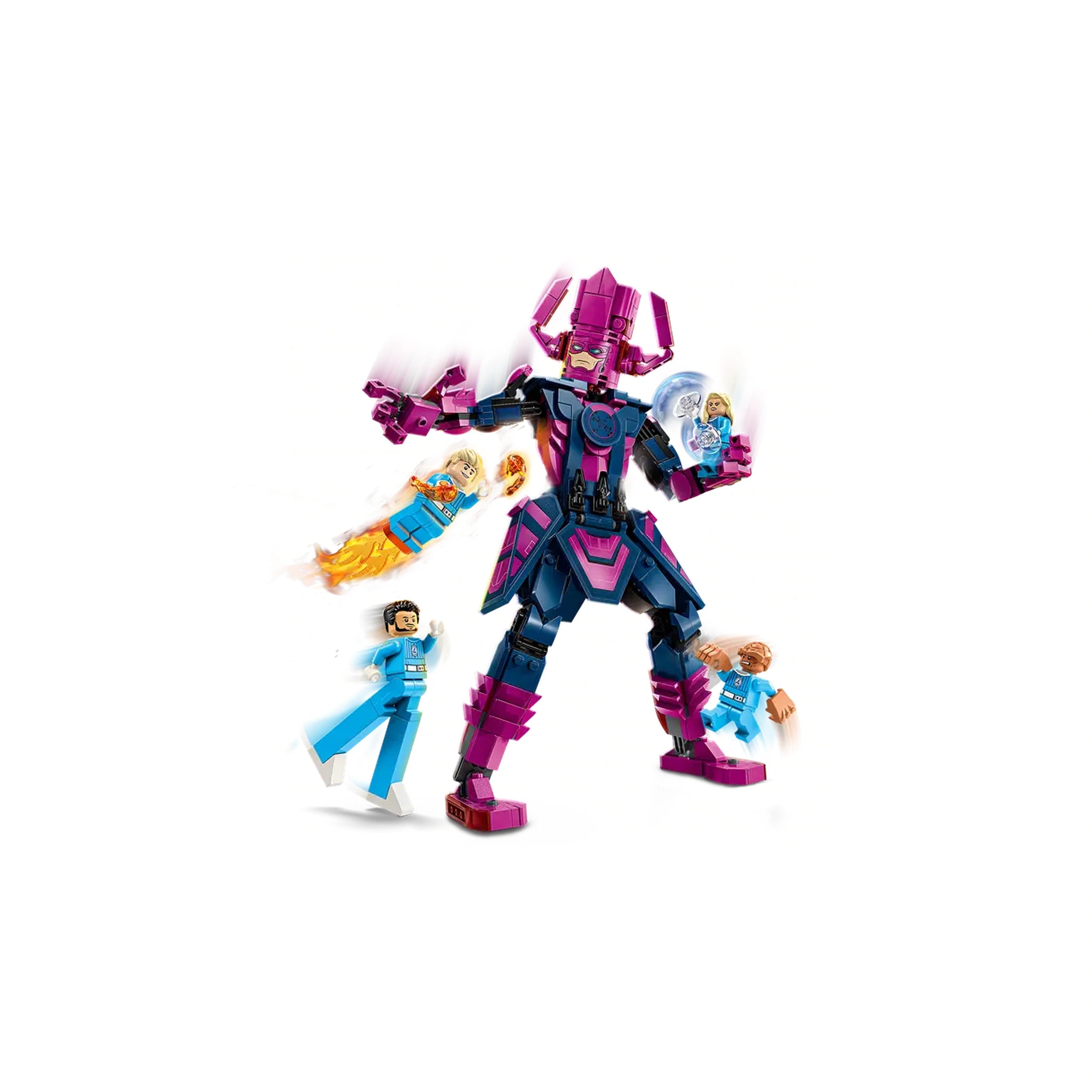 LEGO Fantastic Four construction set featuring Galactus in a purple and black design, surrounded by minifigures of Mr. Fantastic, Human Torch, Invisible Woman, and The Thing.