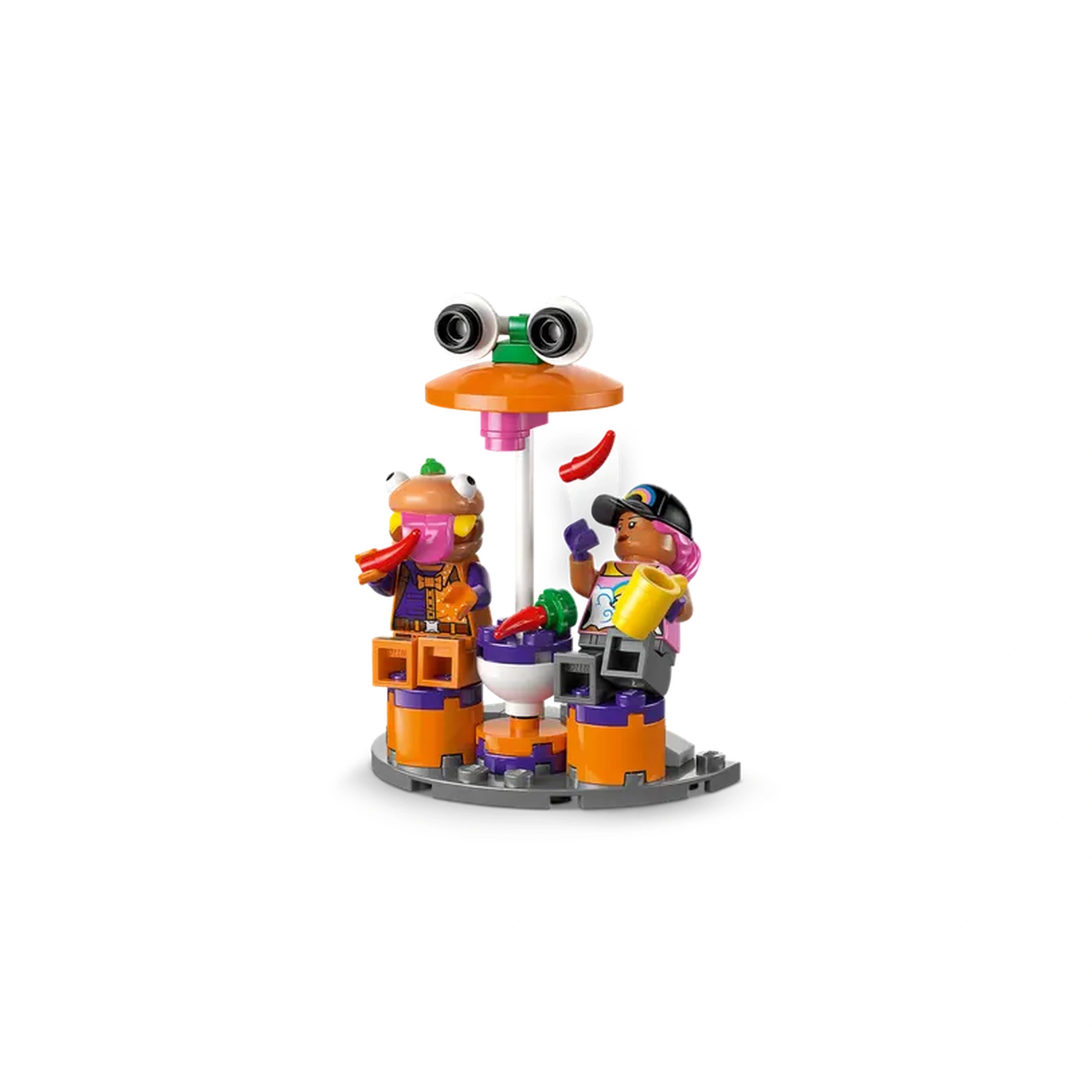 Two LEGO figures enjoy a fun dining experience at a small, colorful restaurant table, featuring a bright orange umbrella and condiment station, with hot dogs and drinks in hand, surrounded by playful decorations.